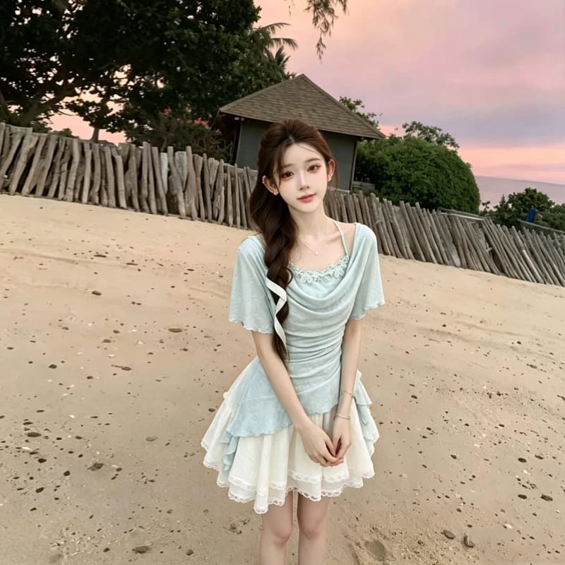 실사 달콤한 매운맛 바람 세트 여성 여름 2026 새로운 디자인 센스 불규칙 흔들다 칼라 맨위 케이크 드레스 투피스 세트 상세 이미지 10