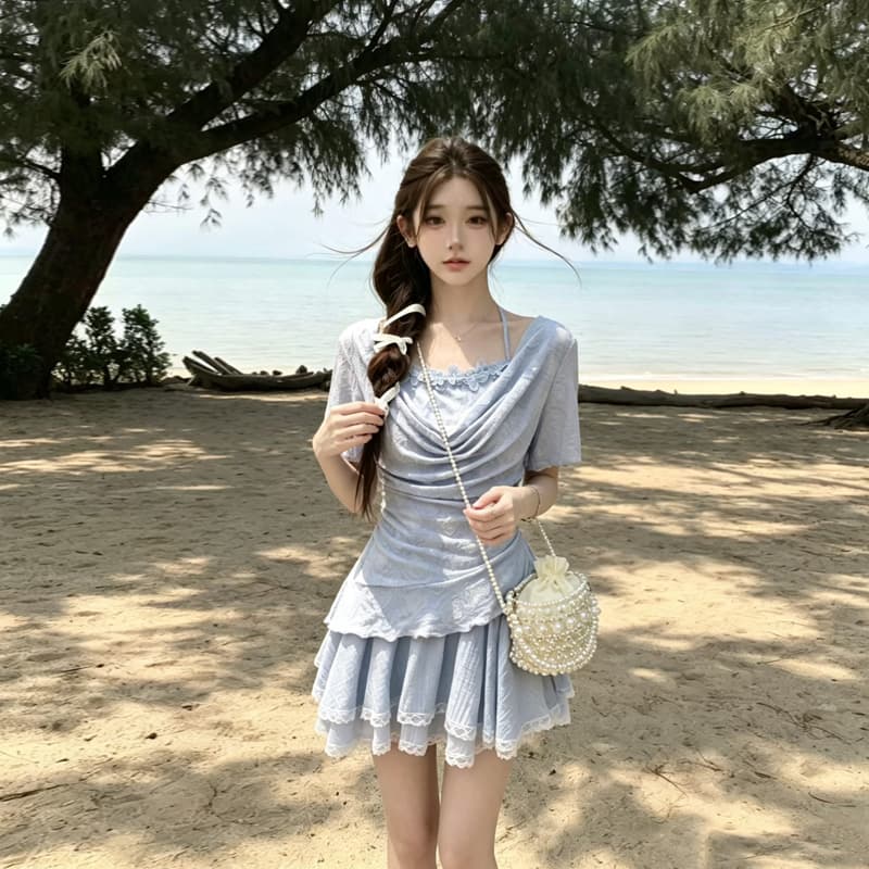 실사 달콤한 매운맛 바람 세트 여성 여름 2026 새로운 디자인 센스 불규칙 흔들다 칼라 맨위 케이크 드레스 투피스 세트 상세 이미지 26