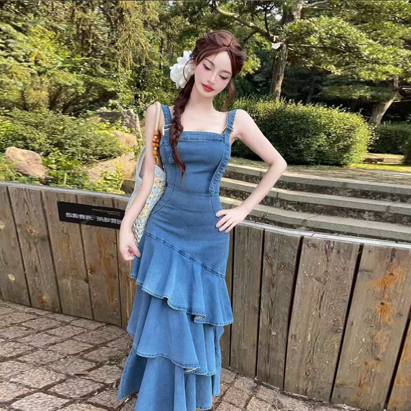 실사 2026 여름 새로운 디자인 센스 품격 허리 수축 롱 코트 불규칙 프릴 데님 슬립 드레스 이미지 4