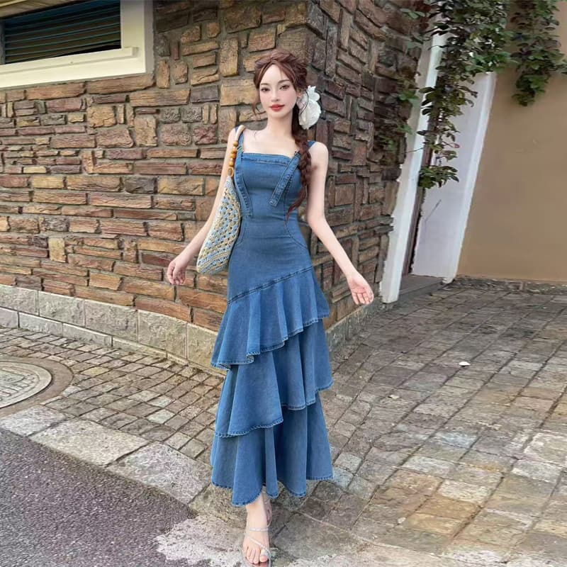 실사 2026 여름 새로운 디자인 센스 품격 허리 수축 롱 코트 불규칙 프릴 데님 슬립 드레스 상세 이미지 1