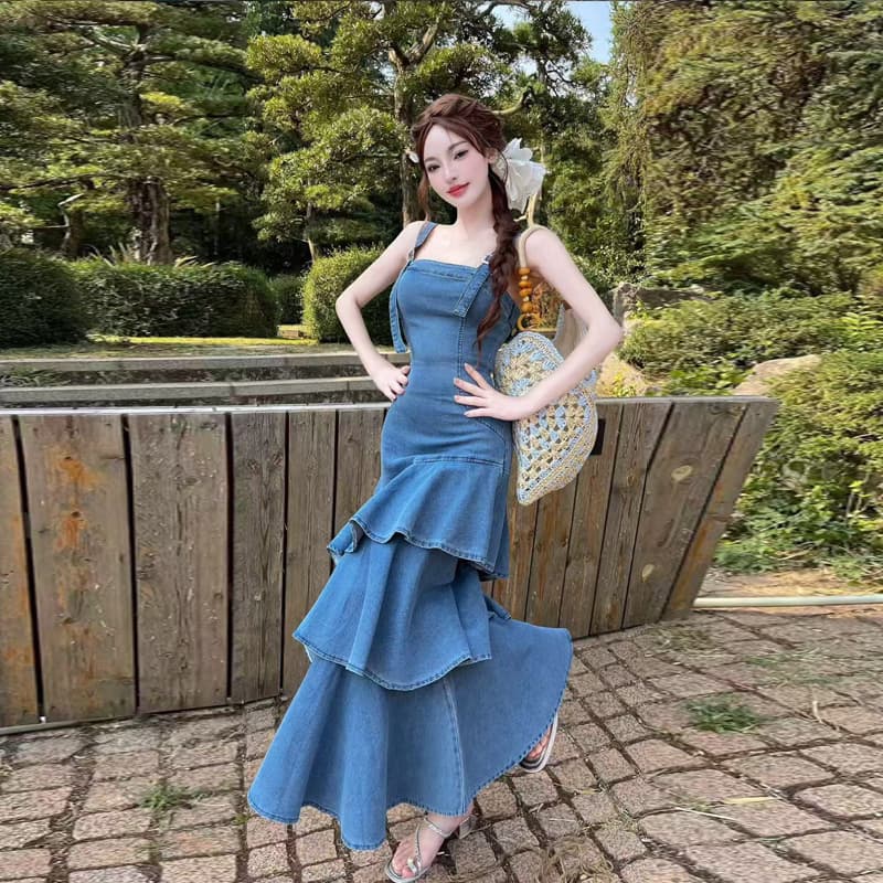 실사 2026 여름 새로운 디자인 센스 품격 허리 수축 롱 코트 불규칙 프릴 데님 슬립 드레스 상세 이미지 3