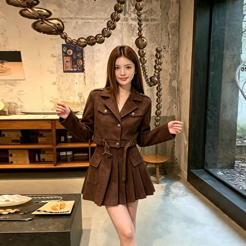 실사 2026 가을 새로운 고급 센스 로얄 자매 바람 정장 칼라 재킷 작은 키 플리츠 스커트 미니 스커트 투피스 세트 상세 이미지 2