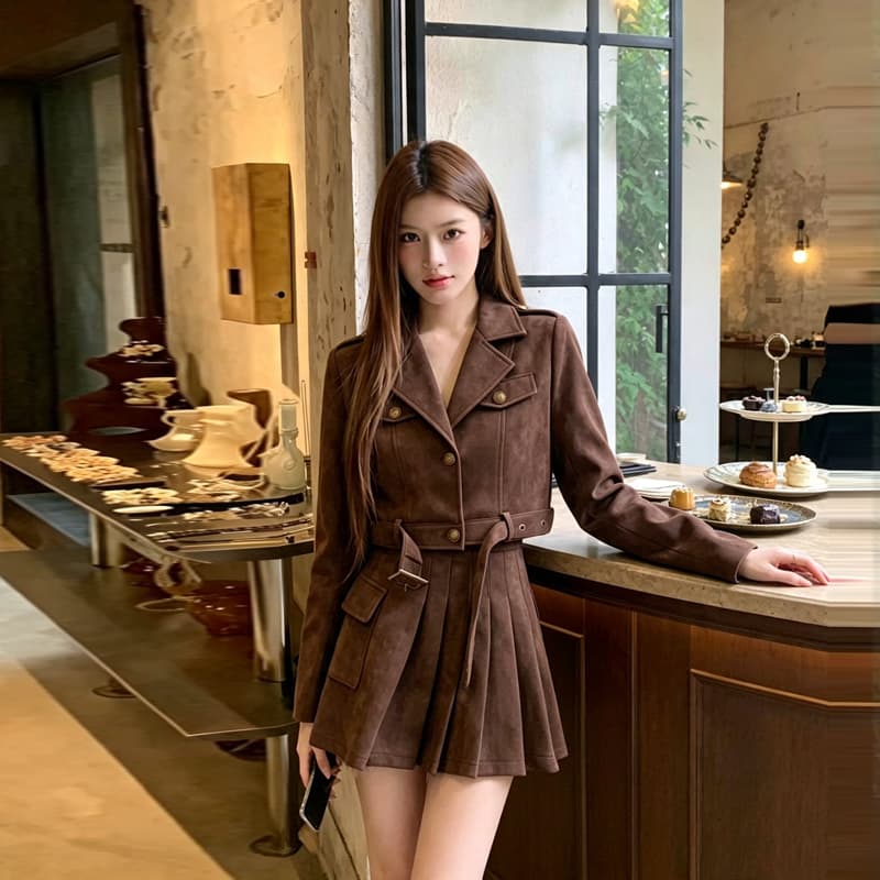 실사 2026 가을 새로운 고급 센스 로얄 자매 바람 정장 칼라 재킷 작은 키 플리츠 스커트 미니 스커트 투피스 세트 상세 이미지 4