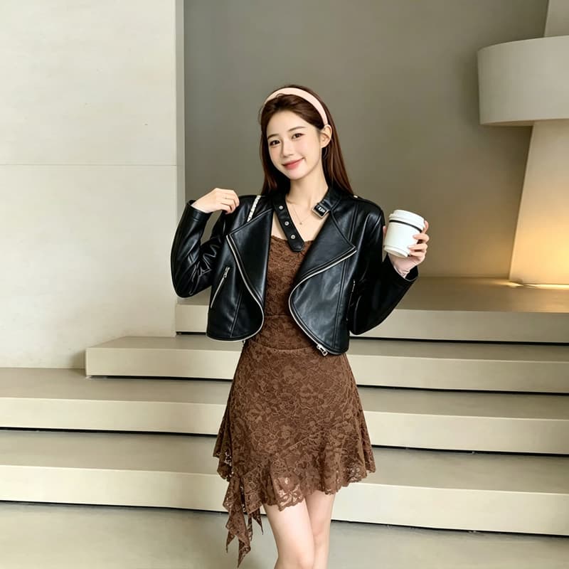 실사 2026 가을 새로운 고급 센스 로얄 자매 윈디 폴로 칼라 PU 가죽 외투 레이스 드레스 투피스 세트 상세 이미지 6