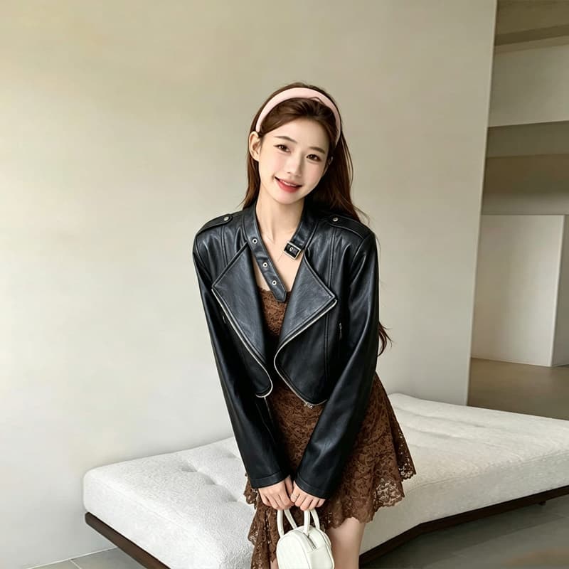 실사 2026 가을 새로운 고급 센스 로얄 자매 윈디 폴로 칼라 PU 가죽 외투 레이스 드레스 투피스 세트 상세 이미지 9