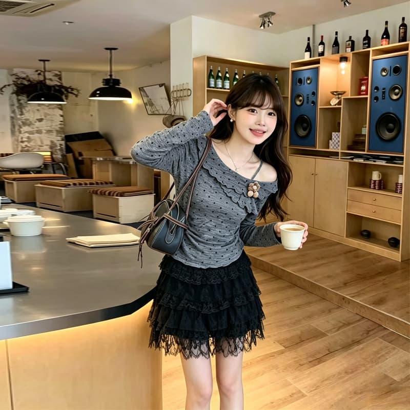 실사 2026 가을 새로운 디자인 센스 작은 대중 프릴 도트 무늬 긴팔 맨위 레이스 케이크 드레스 투피스 세트 상세 이미지 14
