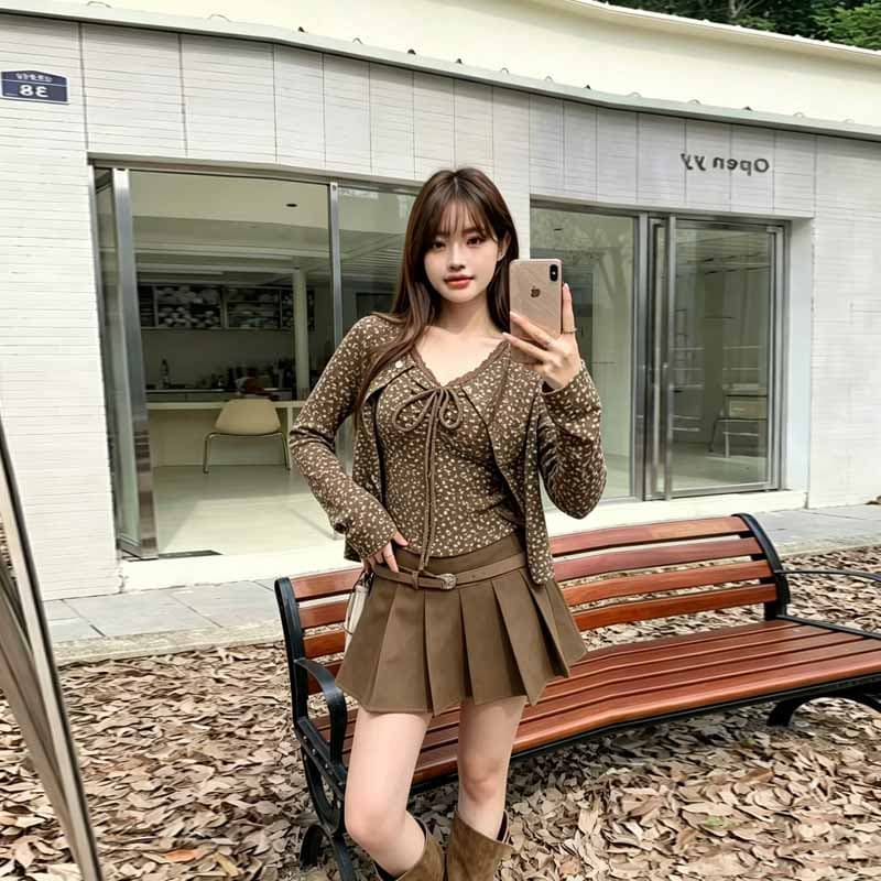 실사 2026 가을 새로운 도파민 한 부서 부드러운 바람 카디건 코트 도트 무늬 슬립 플리츠 스커트 3종 세트 상세 이미지 14