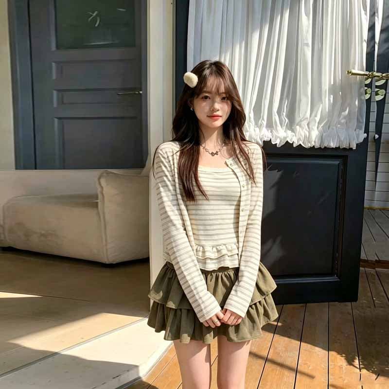 실사 2026 가을 새로운 부드러운 바람 스트라이프 카디건 코트 프릴 캐미솔 케이크 드레스 3종 세트 상세 이미지 4