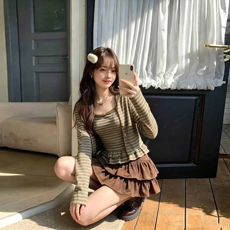 실사 2026 가을 새로운 부드러운 바람 스트라이프 카디건 코트 프릴 캐미솔 케이크 드레스 3종 세트 상세 이미지 19