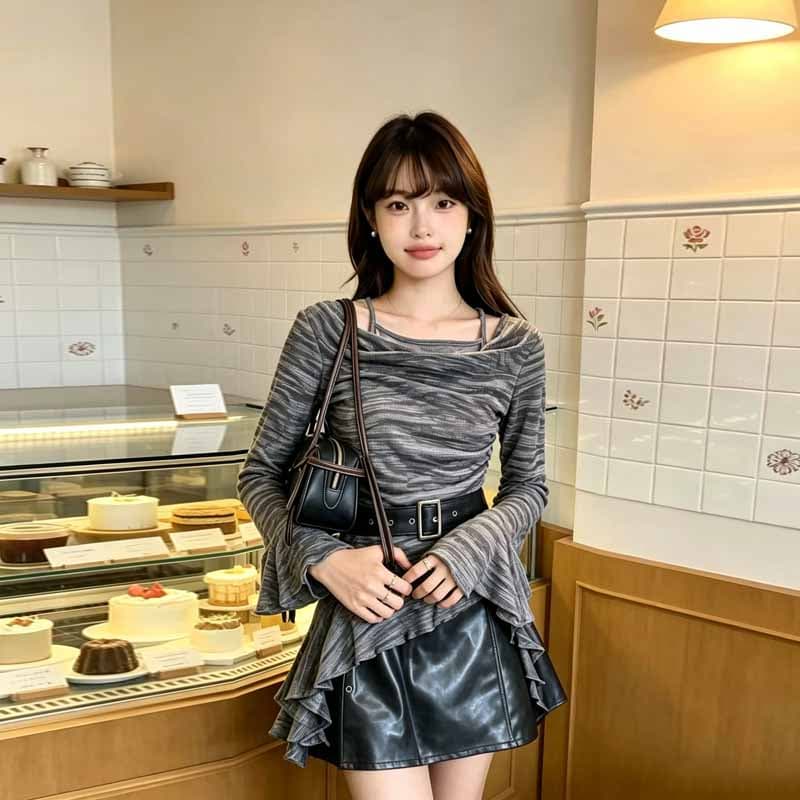 실사 2026 가을 새로운 디자인 센스 작은 대중 불규칙 흔들다 칼라 맨위 PU 가죽 반신 미니 스커트 두 조각 여성 세트