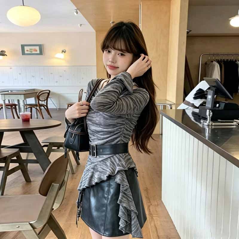실사 2026 가을 새로운 디자인 센스 작은 대중 불규칙 흔들다 칼라 맨위 PU 가죽 반신 미니 스커트 두 조각 여성 세트 상세 이미지 6