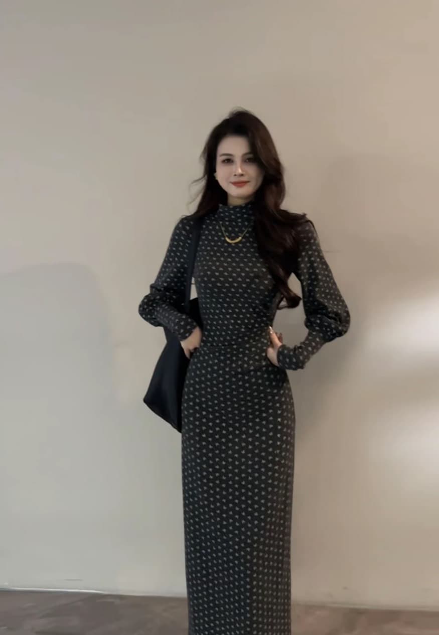 2026 새로운 슬림해 보이는 프랑스식 가을 겨울 반하이넥 허리 수축 긴팔 치마 벌룬 소매 품격 드레스 상세 이미지 1