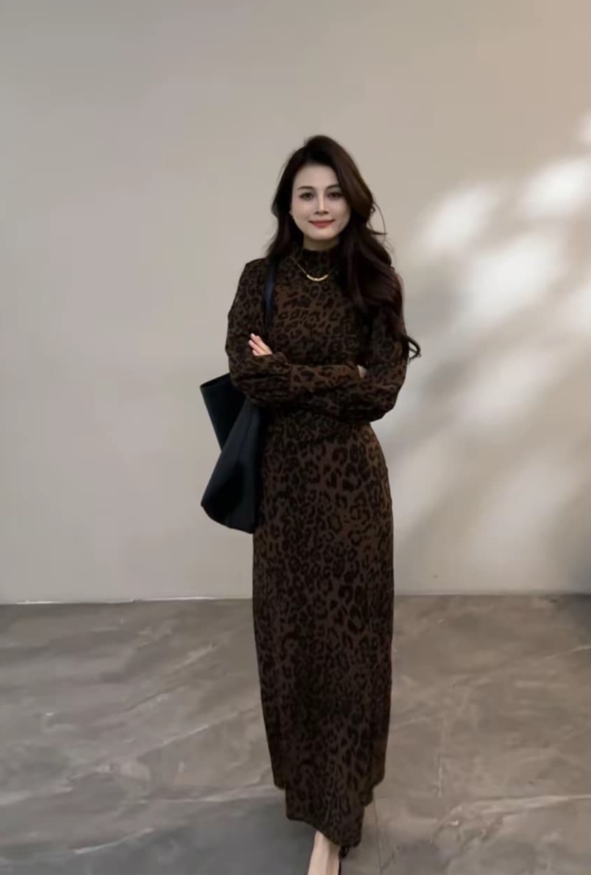 2026 가을 겨울 새로운 패션 레오파드 무늬 벌룬 소매 레트로 슬림해 보이는 몸매 가꾸기 긴팔 드레스 상세 이미지 3