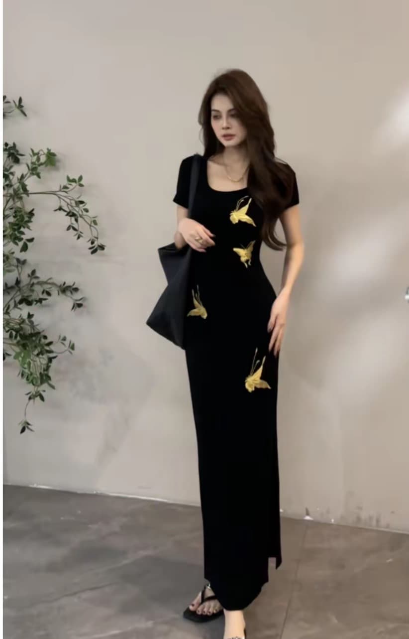2026 새로운 레트로 나비 프린트 반팔 허리 수축 봄 여름 새로운 양면 트임 슬림해 보이는 드레스 이미지 2