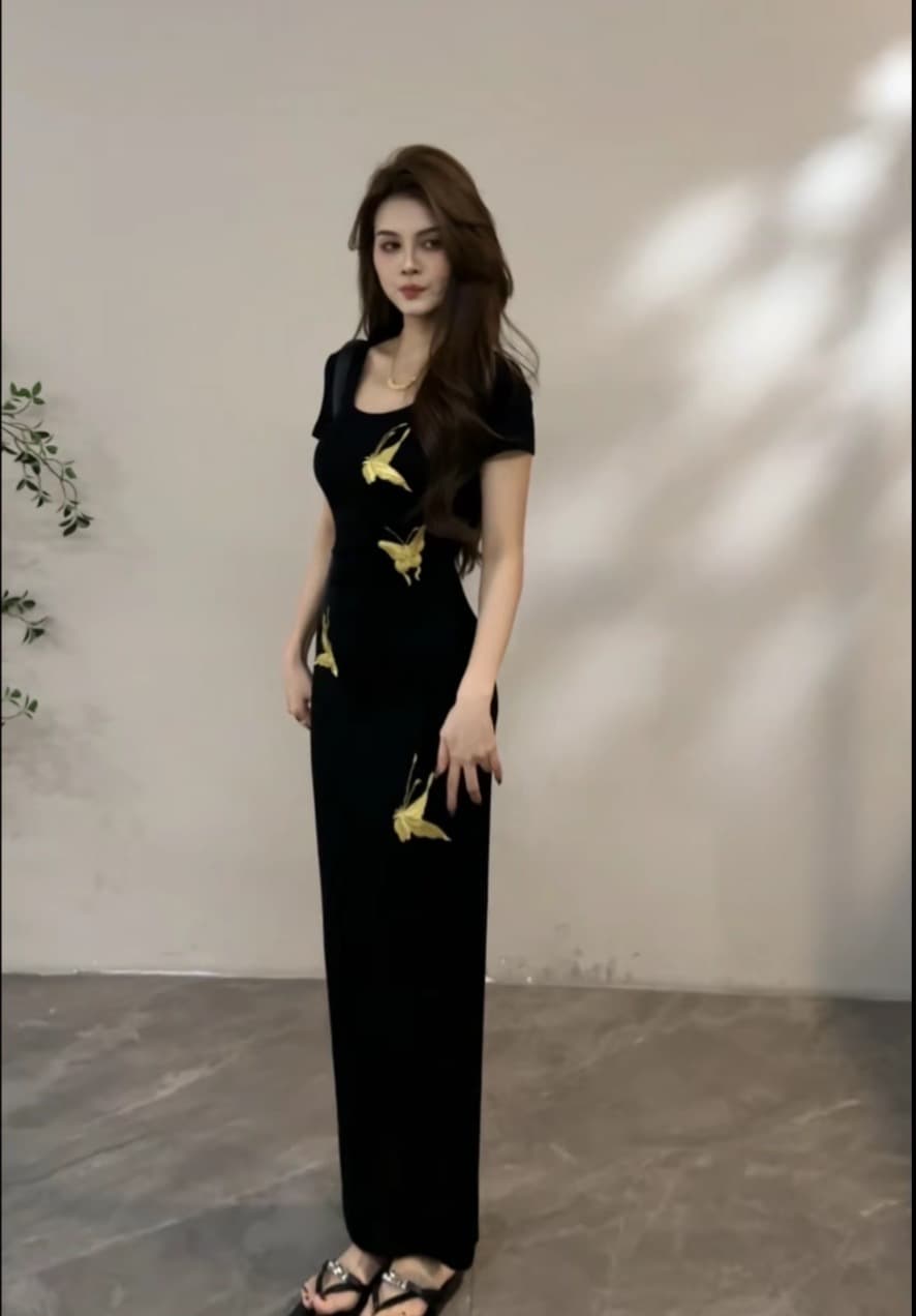 2026 새로운 레트로 나비 프린트 반팔 허리 수축 봄 여름 새로운 양면 트임 슬림해 보이는 드레스 상세 이미지 2