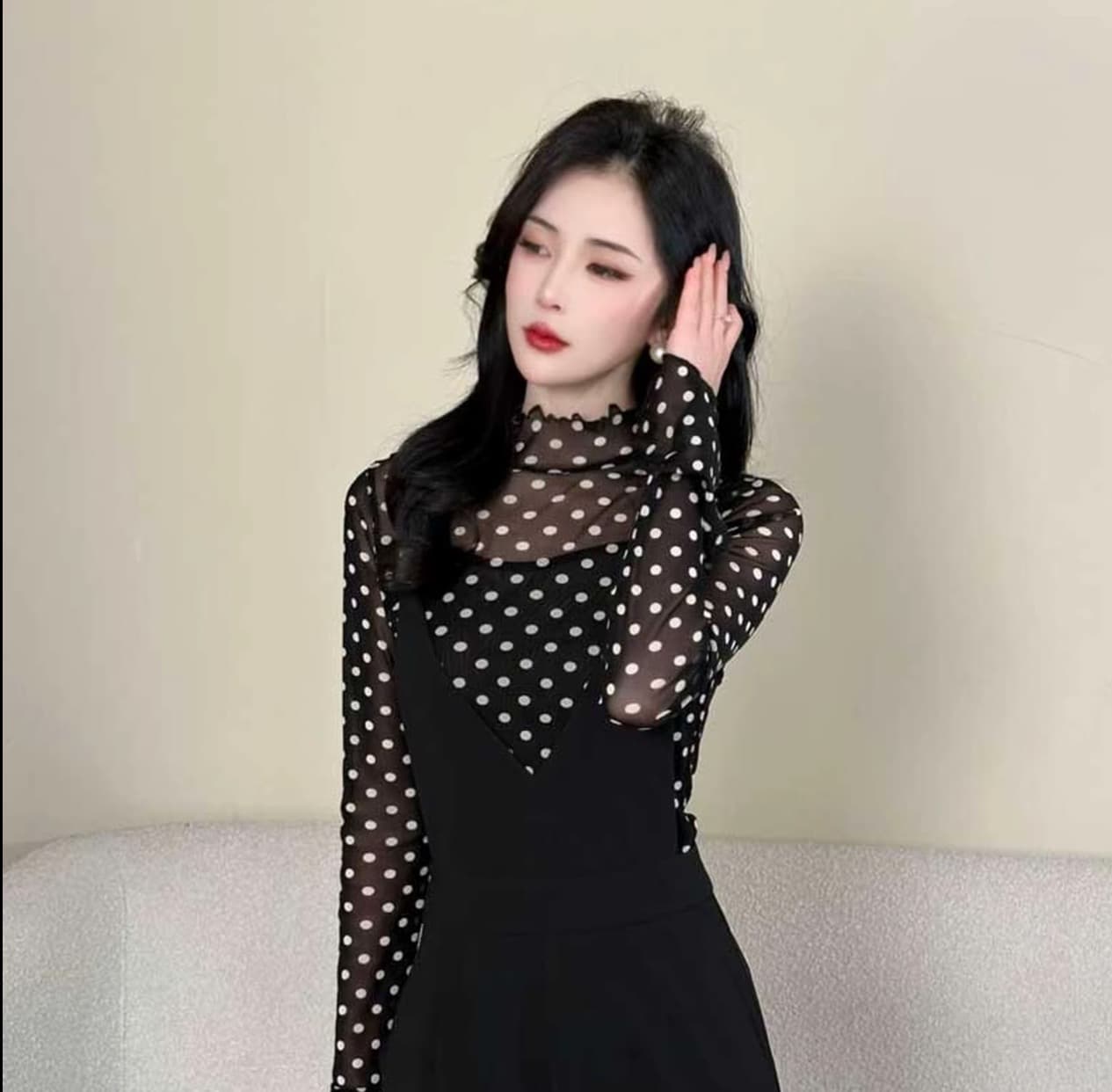 2026 새로운 도트 무늬 망사 맨위 패션 도루 가을 센스 멜빵 바지 세트 상세 이미지 7