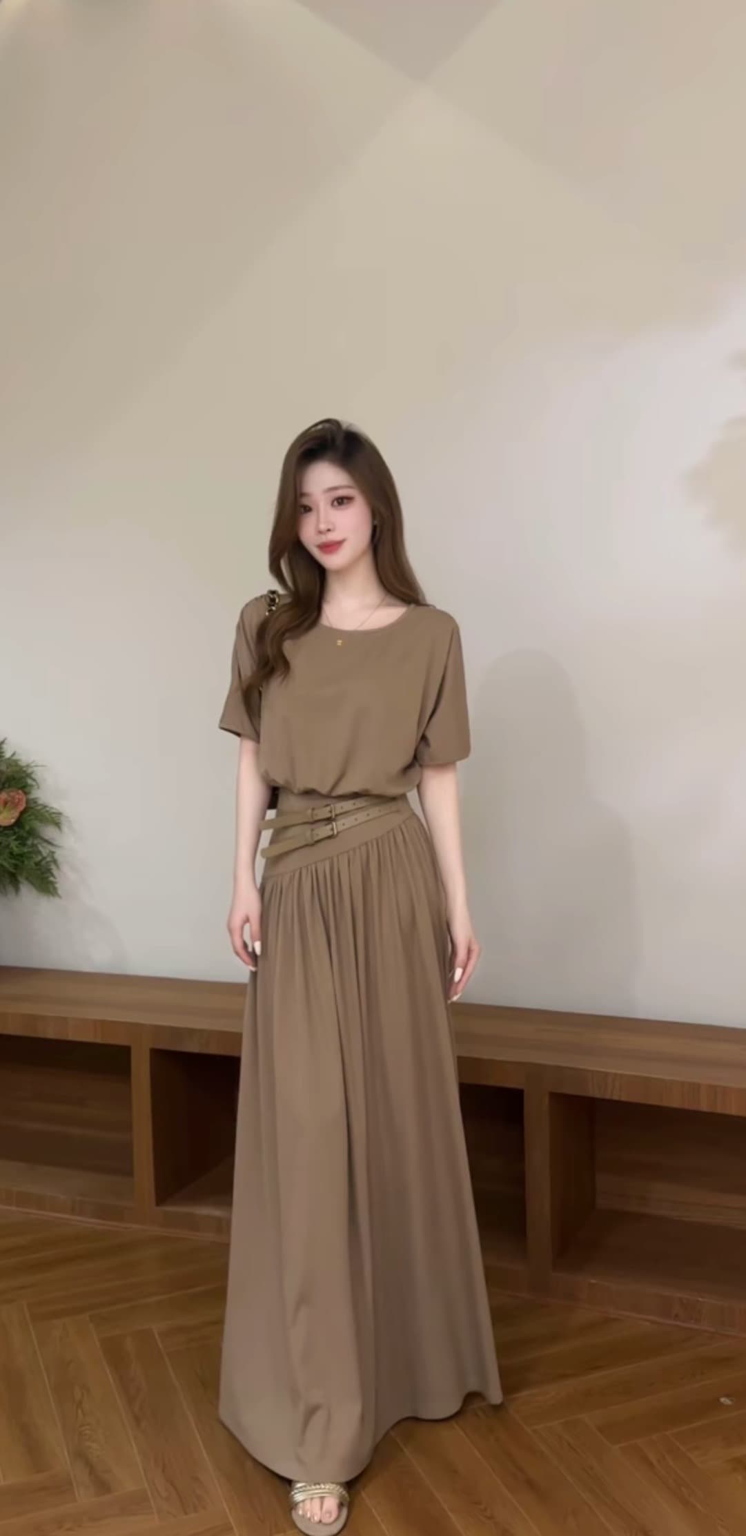 2026 여름 새로운 프랑스식 작은 대중 벨트 디자인 허리 수축 반팔 드레스 롱 스커트 상세 이미지 1