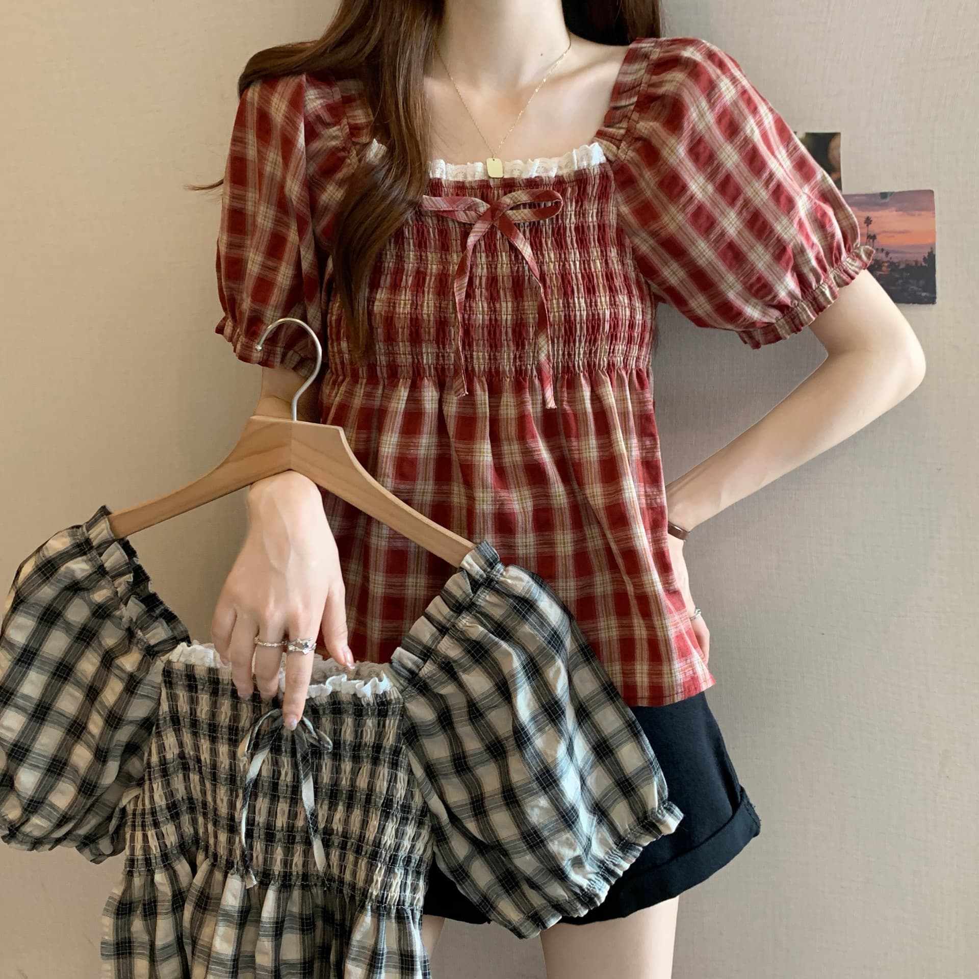 빅 사이즈 여성 의류 레트로 체크무늬 거품 소매 광장 칼라 여성 셔츠 여름 지방 mm 표지 배 프릴 다용도 맨위