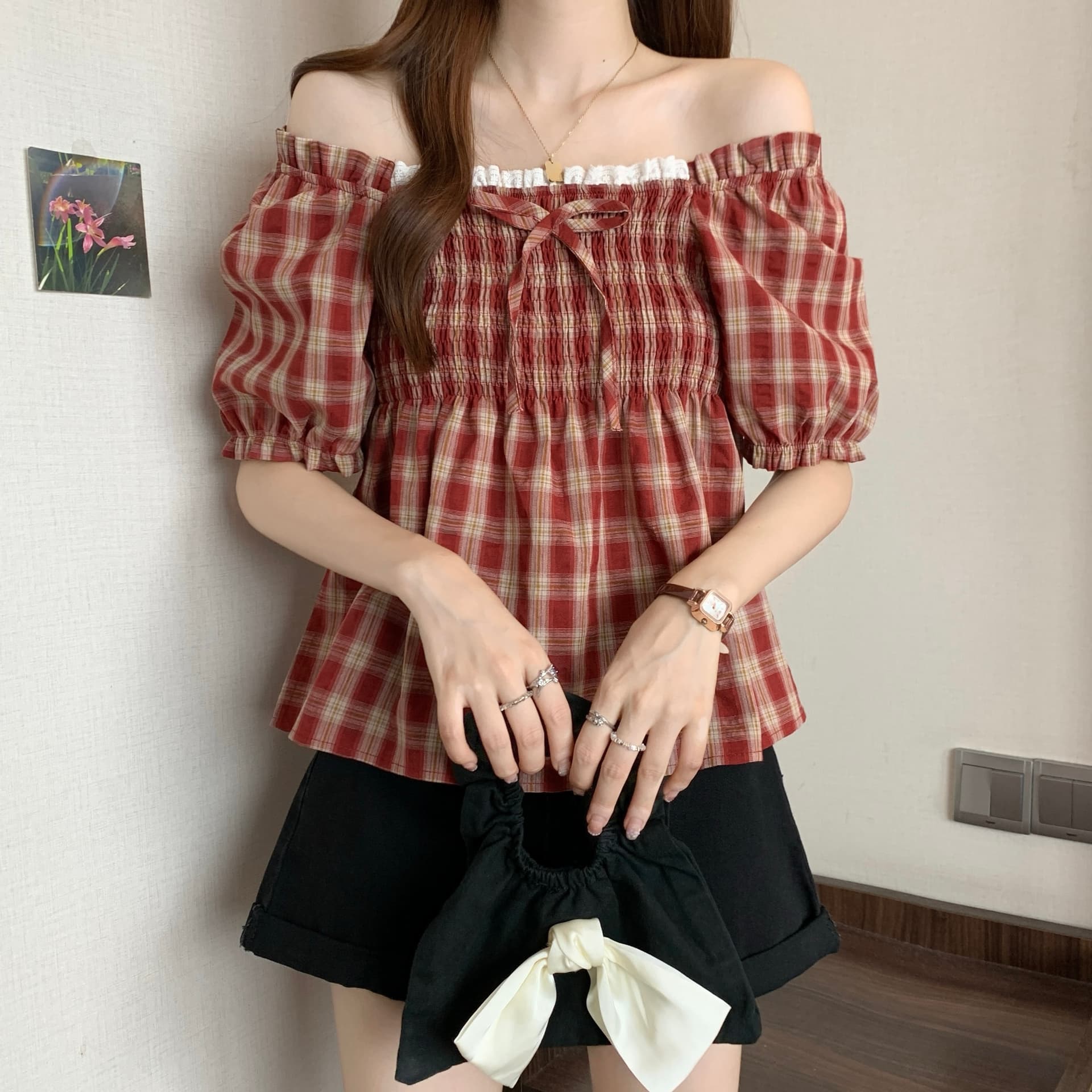 빅 사이즈 여성 의류 레트로 체크무늬 거품 소매 광장 칼라 여성 셔츠 여름 지방 mm 표지 배 프릴 다용도 맨위 상세 이미지 10