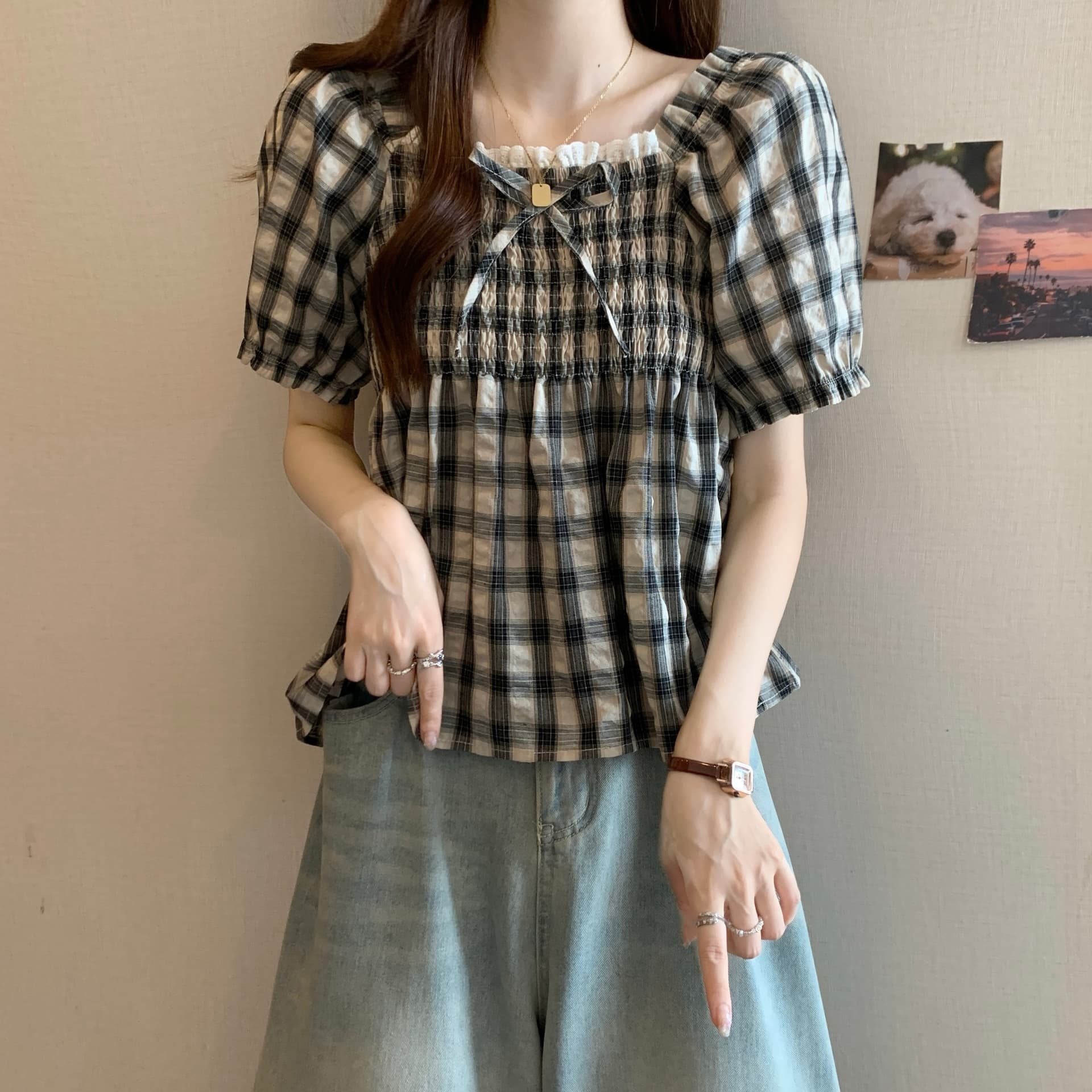 빅 사이즈 여성 의류 레트로 체크무늬 거품 소매 광장 칼라 여성 셔츠 여름 지방 mm 표지 배 프릴 다용도 맨위 상세 이미지 13