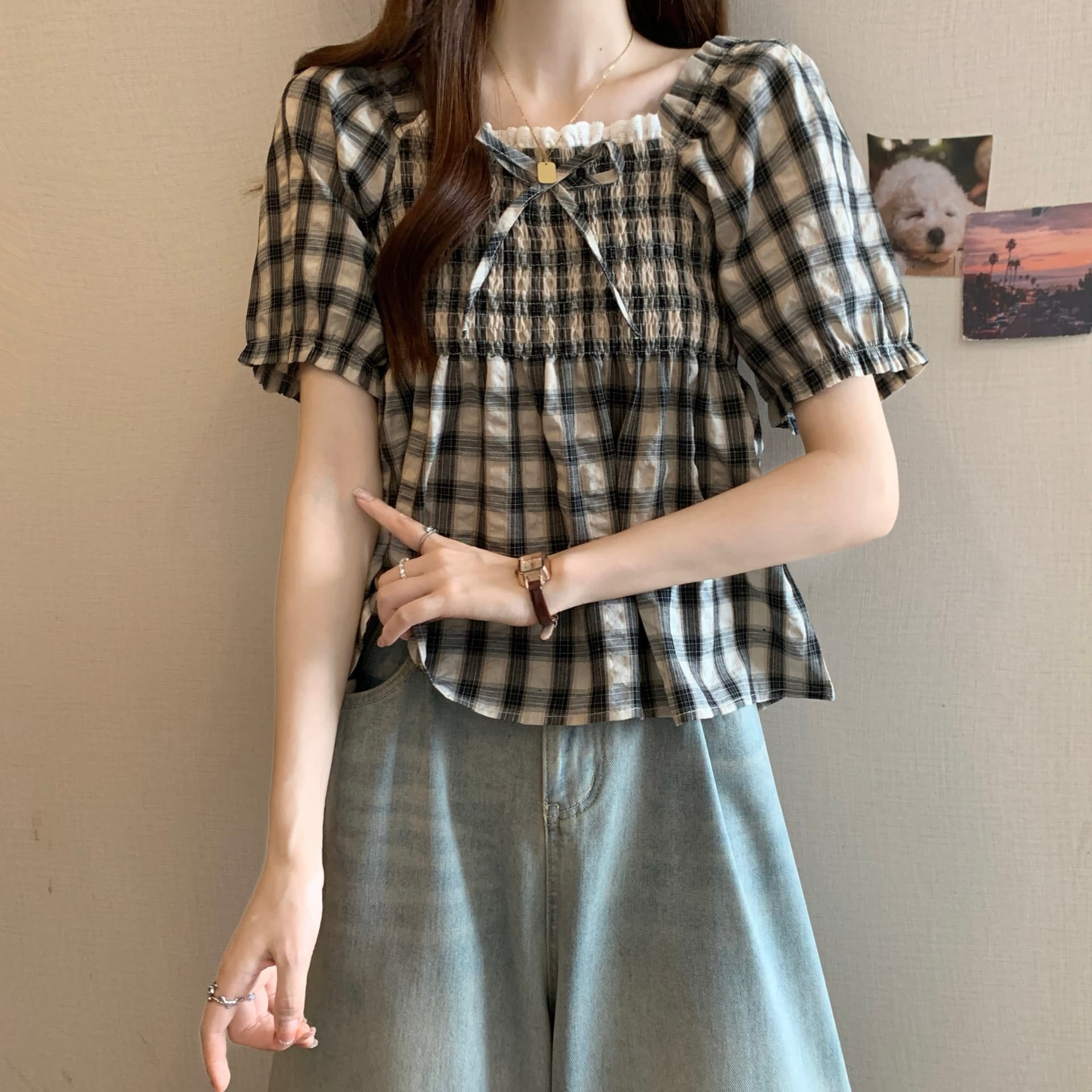 빅 사이즈 여성 의류 레트로 체크무늬 거품 소매 광장 칼라 여성 셔츠 여름 지방 mm 표지 배 프릴 다용도 맨위 상세 이미지 15