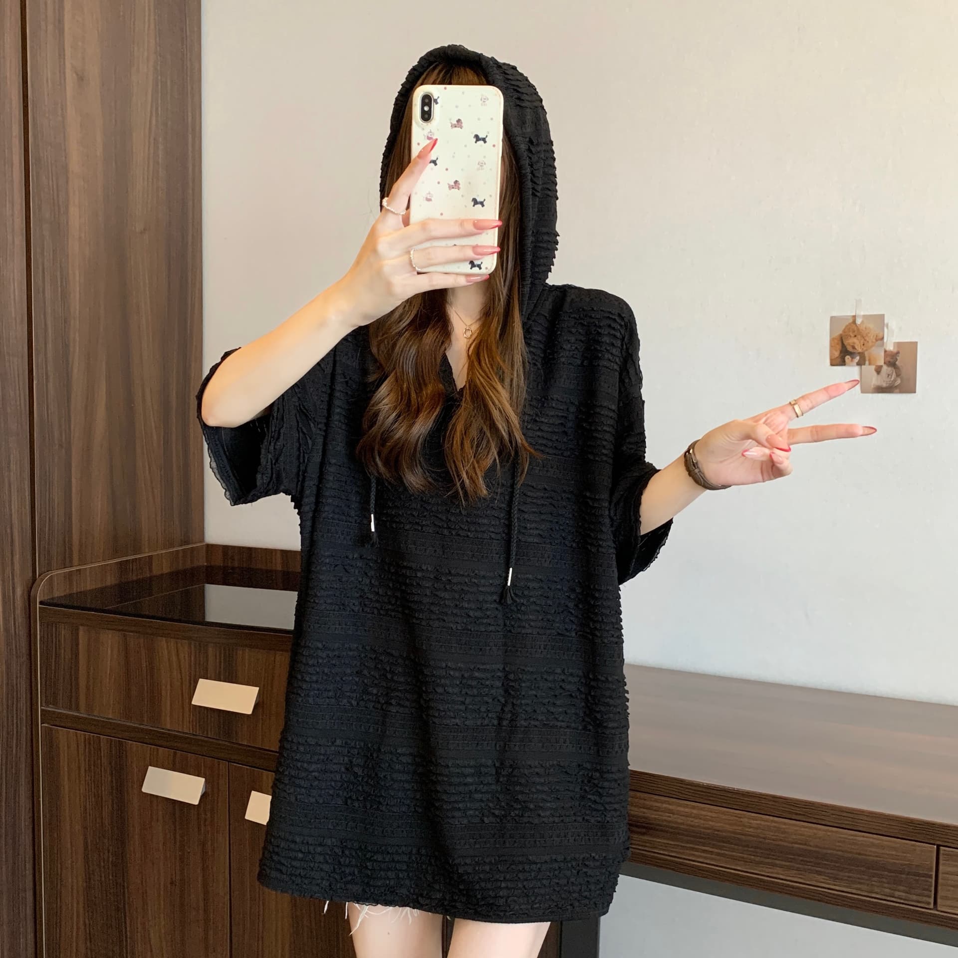 여름 새로운 지방 mm 느긋한 바람 후드 긍정적 인 어깨 디자인 센스 루즈핏 표지 고기 슬림해 보이는 다용도 중간 길이 맨위 여성 상세 이미지 19