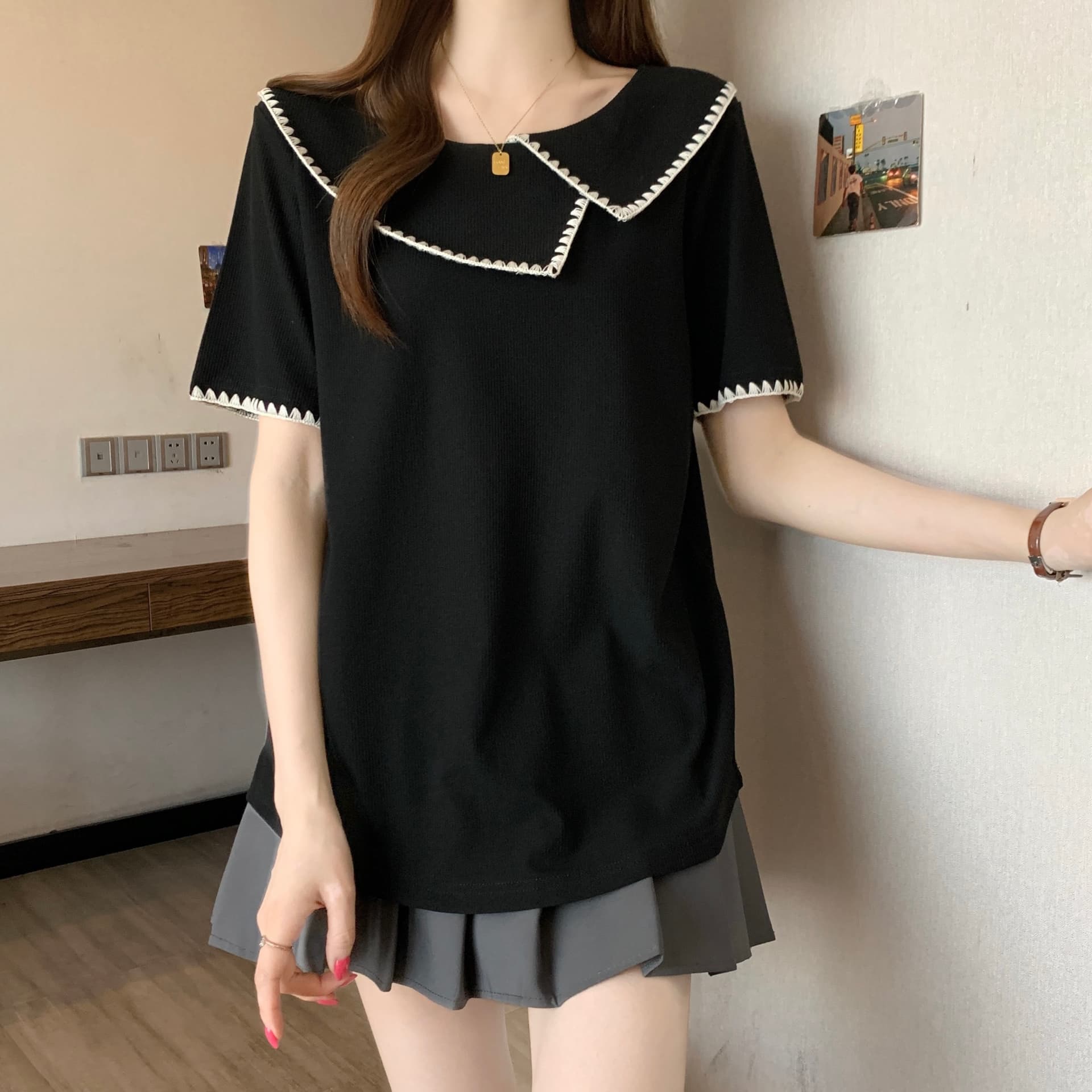 빅 사이즈 2026 여름 새로운 지방 mm 폴로 칼라 Chic 디자인 센스 불규칙 연령 감소 다용도 표지 고기 슬림해 보이는 티셔츠 상세 이미지 6