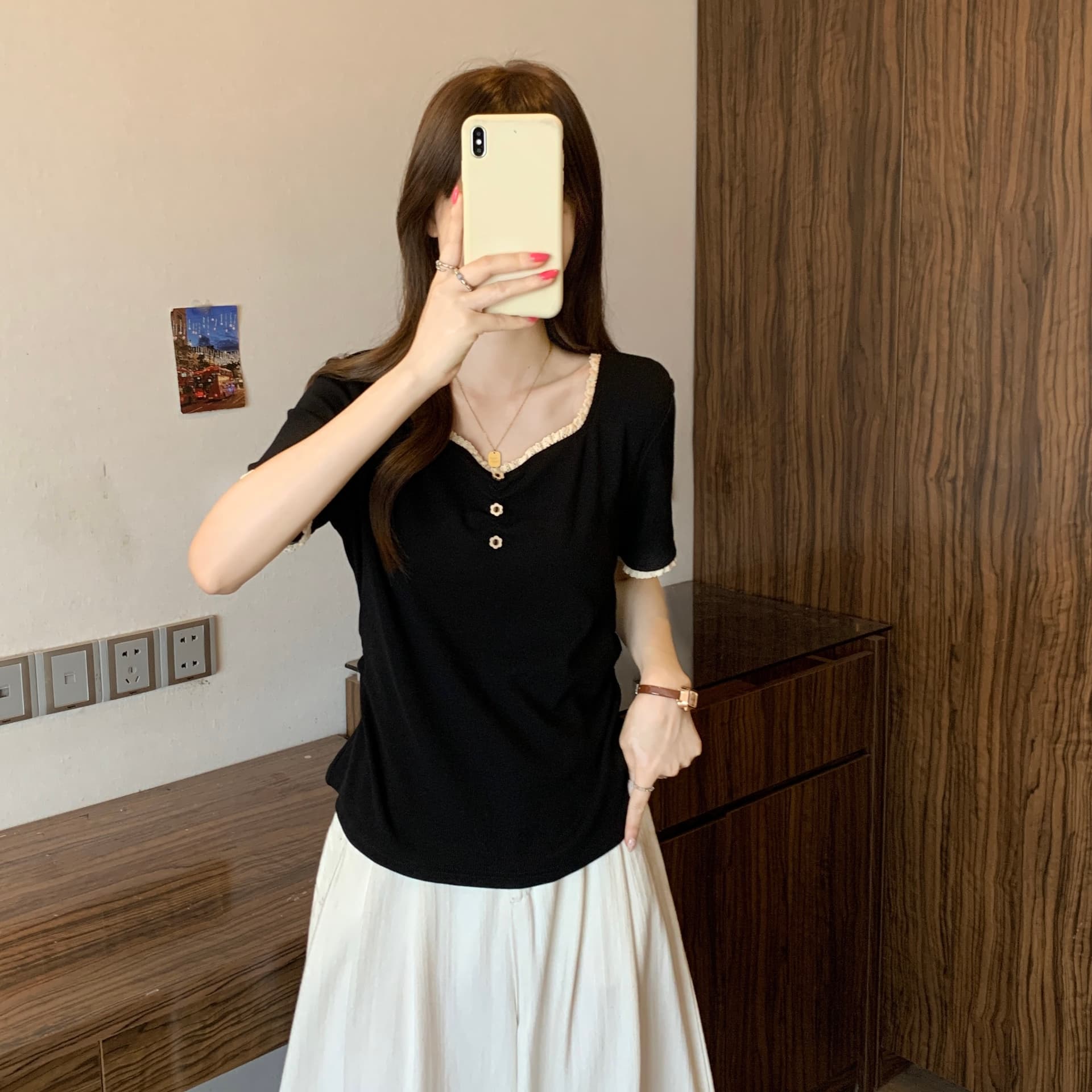 빅 사이즈 여름 새로운 지방 mm 광장 칼라 레이스 레이스 패치워크 디자인 센스 연령 감소 슬림해 보이는 다용도 긍정적 인 어깨 티셔츠 여성 상세 이미지 11