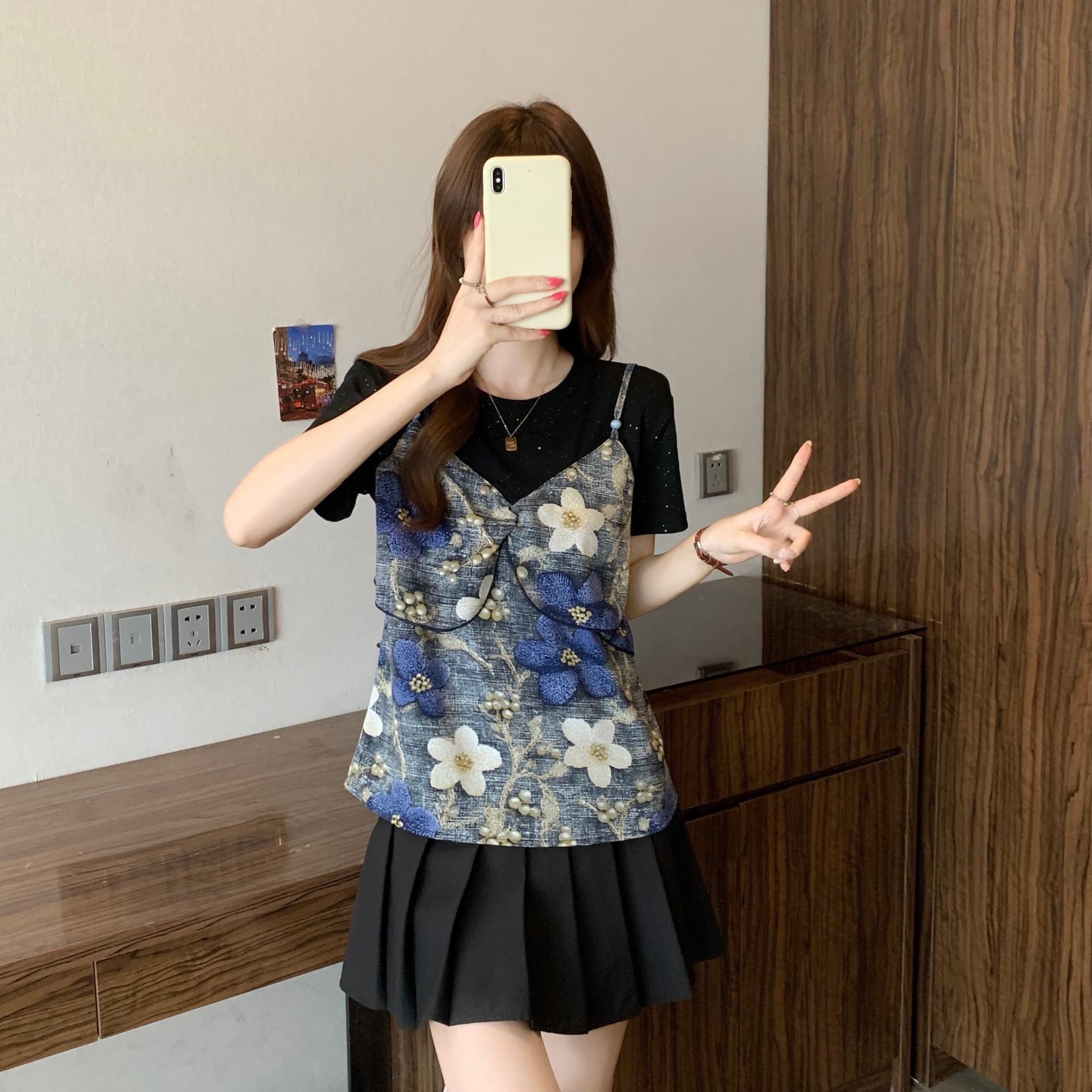 빅 사이즈 여름 새로운 지방 mm 라운드 넥 쿠이 후아 패치워크 슬립 페이크 레이어드 디자인 센스 스택 착용 표지 고기 슬림해 보이는 맨위 상세 이미지 11