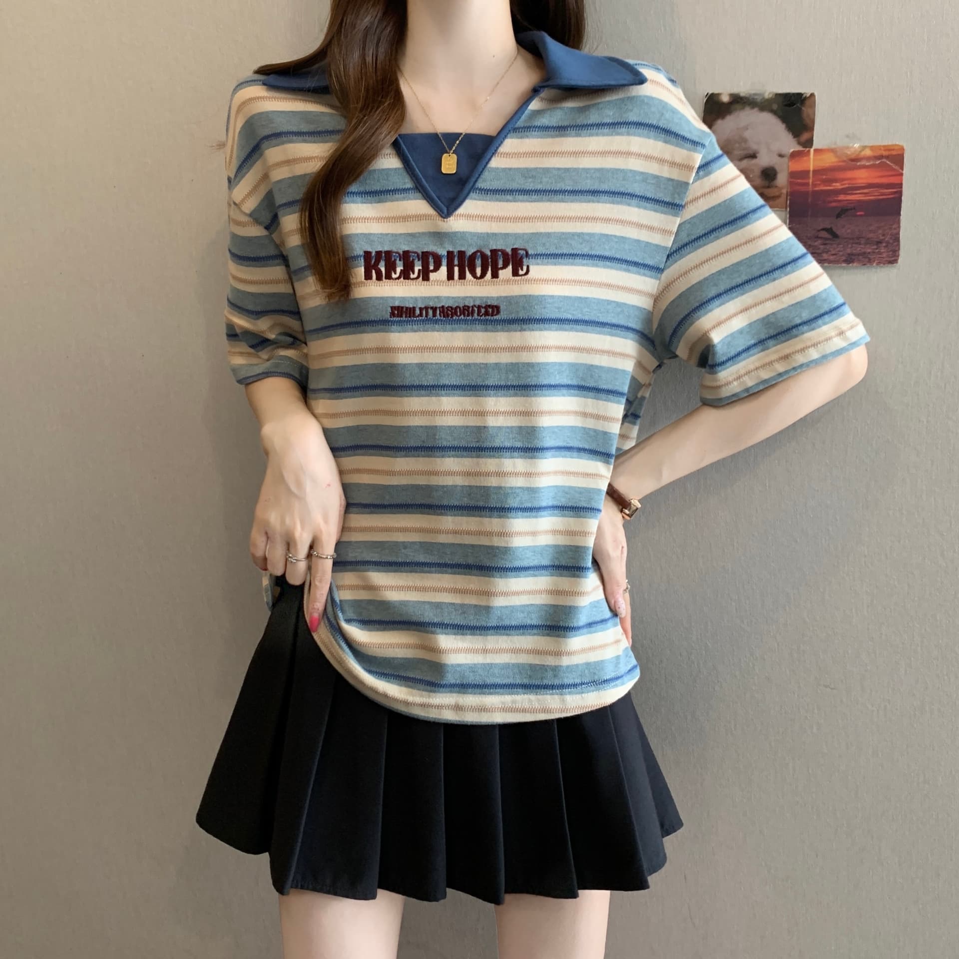 여름 새로운 지방 mm 배색 스트라이프 POLO 칼라 디자인 센스 슬림해 보이는 캐주얼 다용도 루즈핏 표지 고기 반팔 맨위 이미지 4