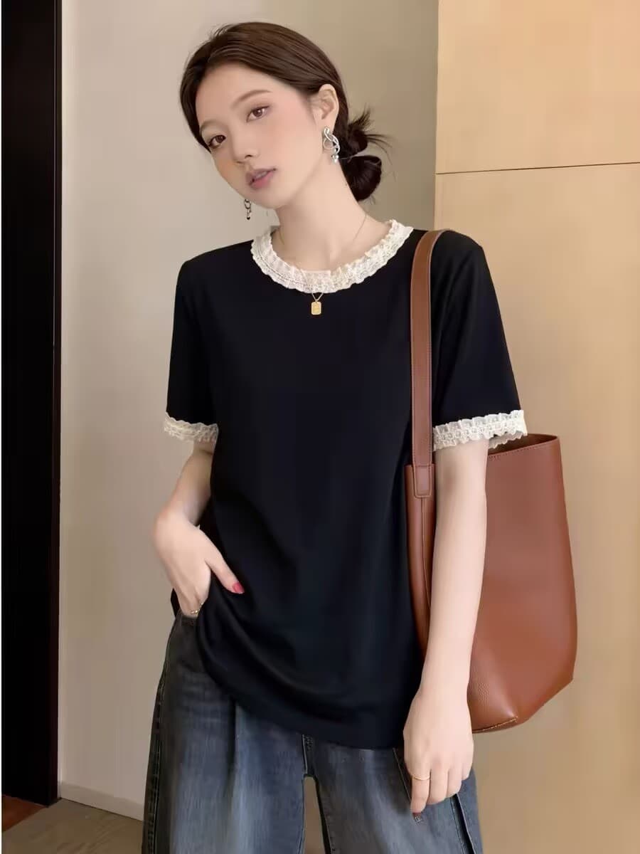 프랑스식 레트로 레이스 패치워크 페이크 레이어드 반팔 티셔츠 여성 여름 빅 사이즈 지방 mm 패션 품격 슬림해 보이는 맨위 이미지 4