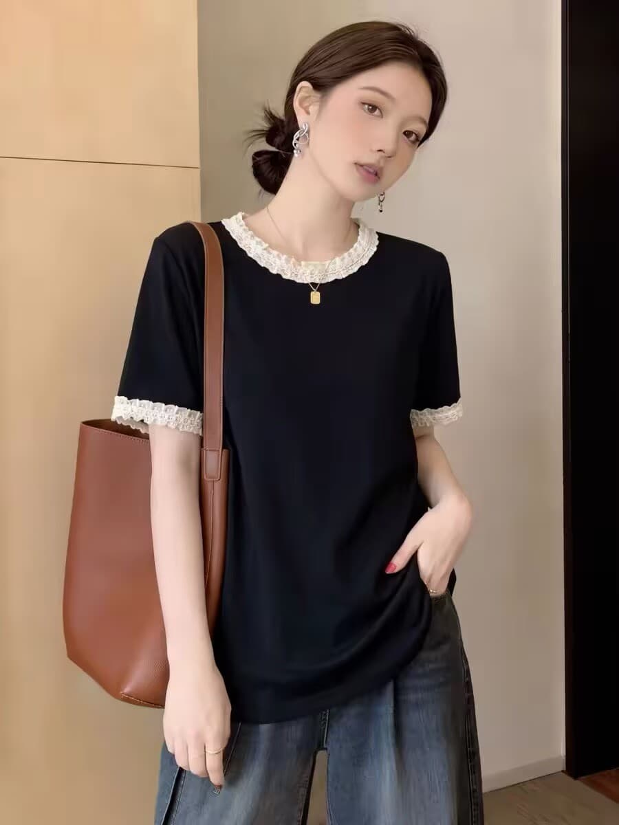 프랑스식 레트로 레이스 패치워크 페이크 레이어드 반팔 티셔츠 여성 여름 빅 사이즈 지방 mm 패션 품격 슬림해 보이는 맨위 상세 이미지 2