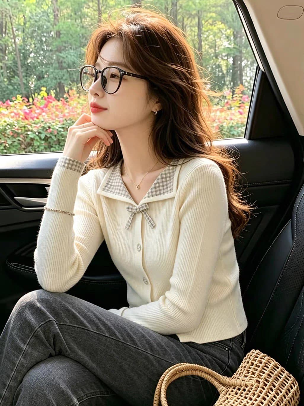 한 부서 착용 가져 가라. 체크무늬 폴로 칼라 긴팔 티셔츠 여성 2026 가을 아름다운 나비 매듭 허리 수축 니트 오픈 가디건 맨위 이미지 2