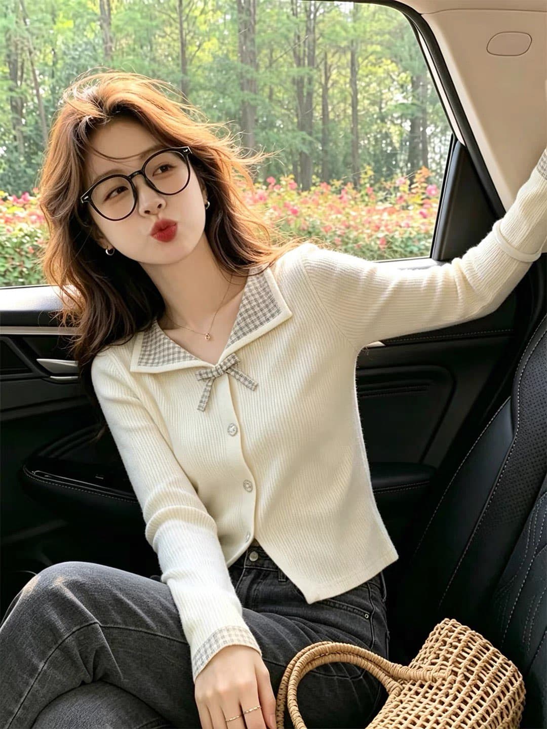 한 부서 착용 가져 가라. 체크무늬 폴로 칼라 긴팔 티셔츠 여성 2026 가을 아름다운 나비 매듭 허리 수축 니트 오픈 가디건 맨위 상세 이미지 5
