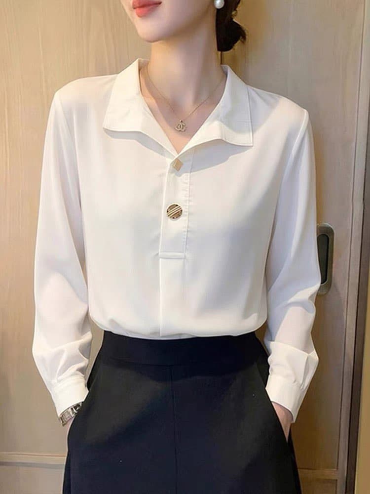 화이트 폴로 칼라 여성 셔츠 2026 가을 새로운 패션 고급 센스 연령 감소 루즈핏 슬림해 보이는 인사이드 가져 가라. 셔츠 맨위 상세 이미지 3
