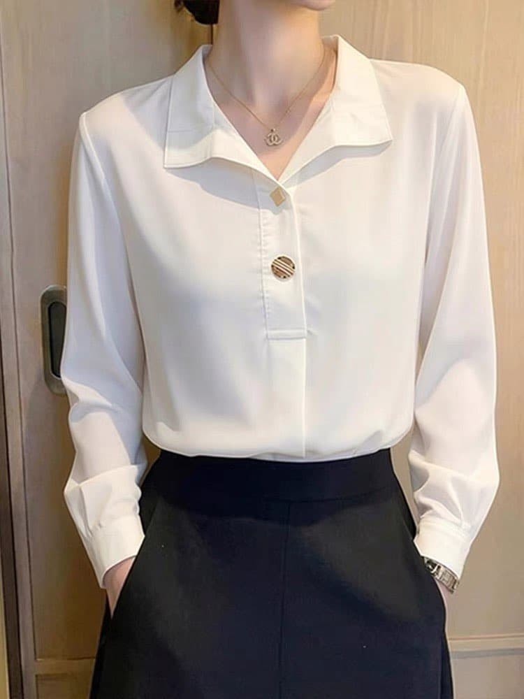 화이트 폴로 칼라 여성 셔츠 2026 가을 새로운 패션 고급 센스 연령 감소 루즈핏 슬림해 보이는 인사이드 가져 가라. 셔츠 맨위 상세 이미지 4