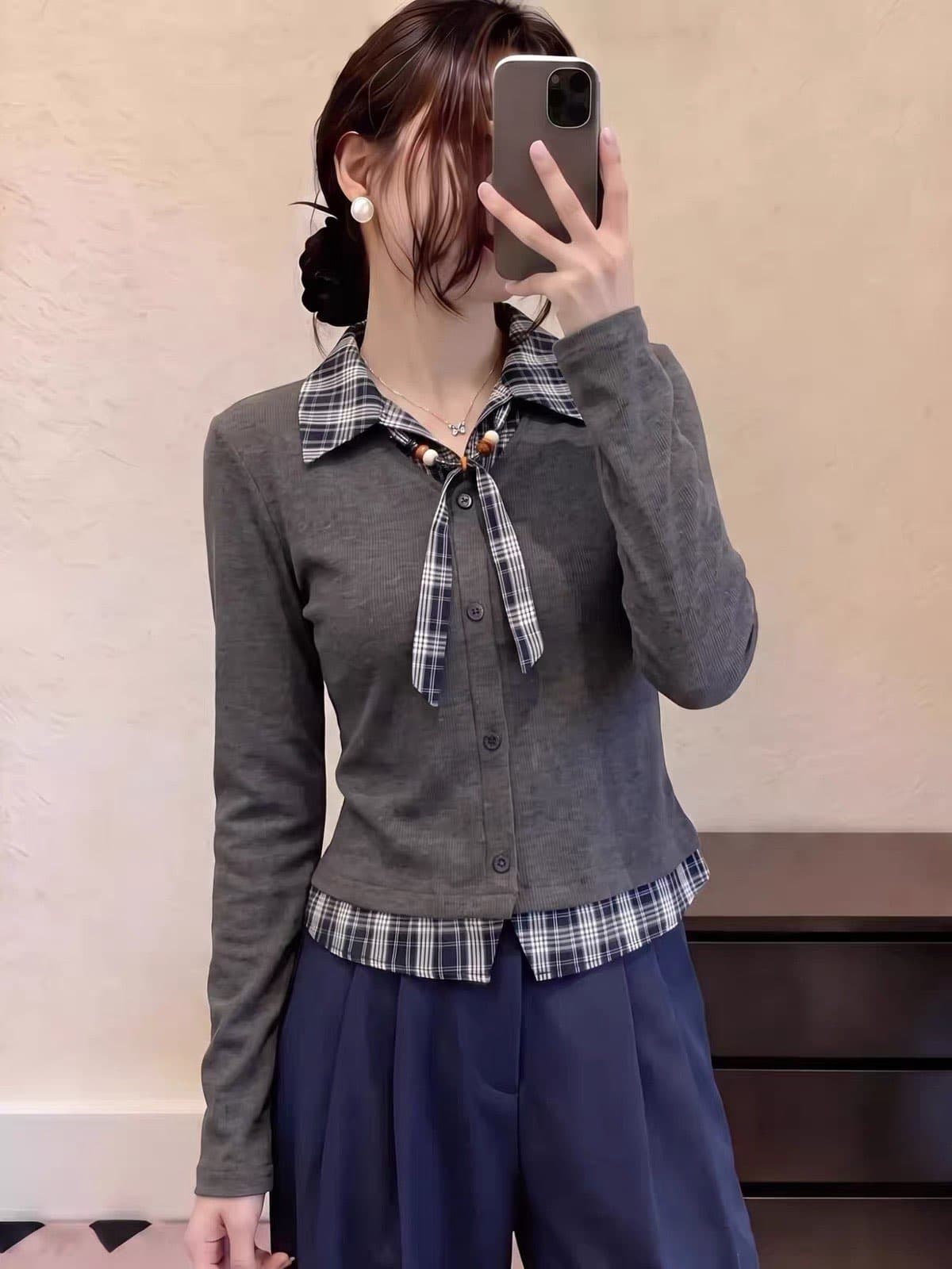 2026 가을 새로운 빅 사이즈 지방 mm 패치워크 레이스업 체크무늬 POLO 칼라 슬림해 보이는 몸매 가꾸기 디자인 센스 다용도 맨위
