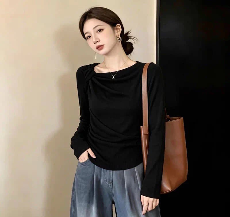 빅 사이즈 지방 mm 디자인 센스 긍정적 인 어깨 주름 긴팔 티셔츠 여성 봄 가을 슬림해 보이는 몸매 가꾸기 표지 고기 Chic 만나는 맨위 상세 이미지 4