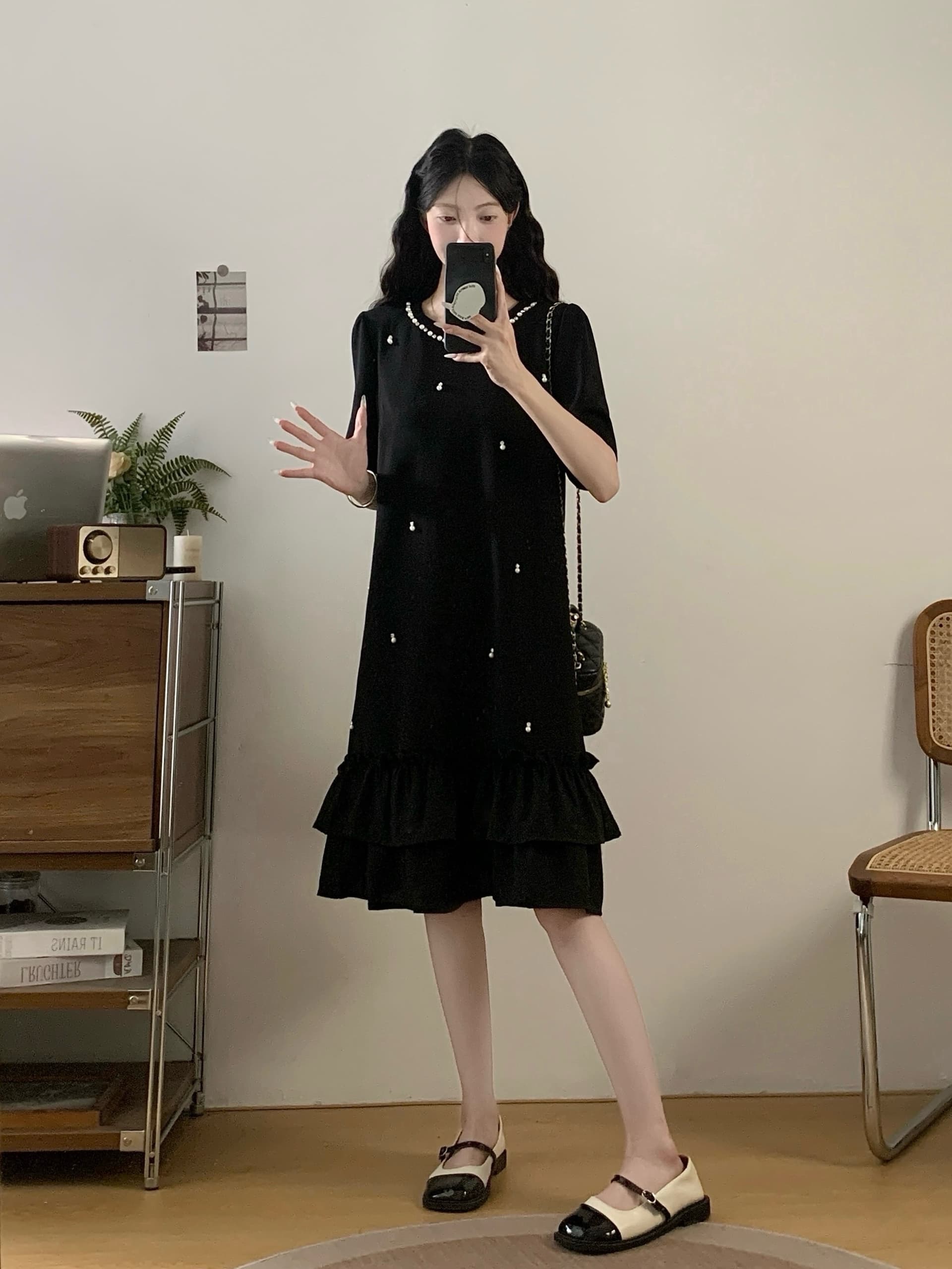 실사 빅 사이즈 여성 의류 2026 여름 새로운 프랑스식 그는 벤 바람 빛 럭셔리 루즈핏 슬림해 보이는 무거운 작업 비즈 박기 드레스 상세 이미지 3