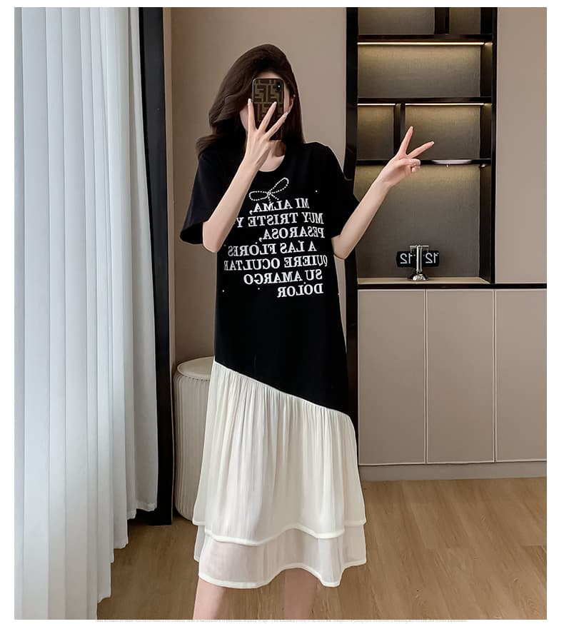 실사 빅 사이즈 여성 의류 2026 여름 새로운 지방 mm 루즈핏 슬림해 보이는 캐주얼 프린트 비즈 박기 패치워크 여성 드레스 상세 이미지 10