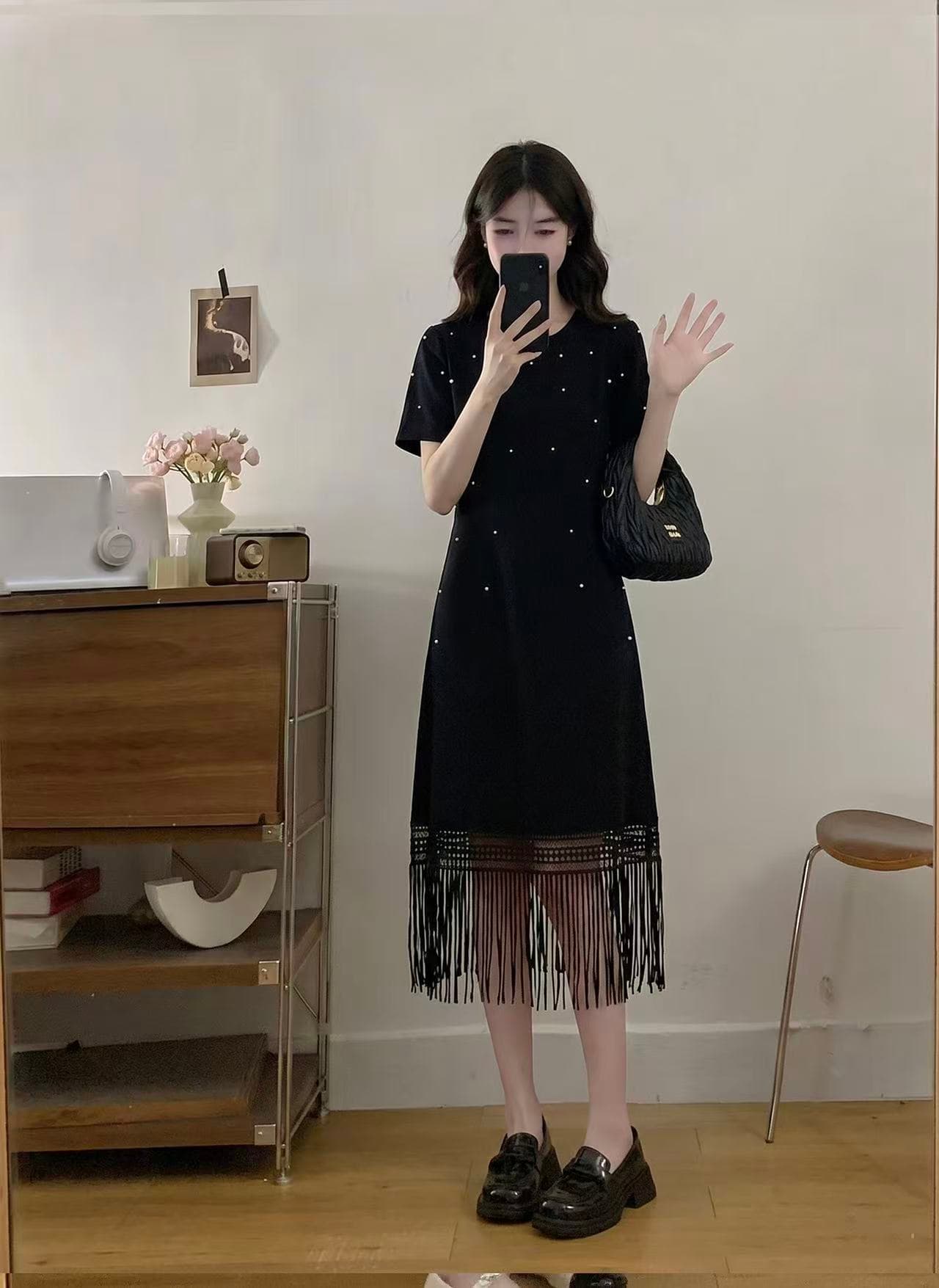 실사 빅 사이즈 여성 의류 2026 여름 새로운 프랑스식 품격 술 지방 mm 비즈 박기 루즈핏 슬림해 보이는 드레스 상세 이미지 6