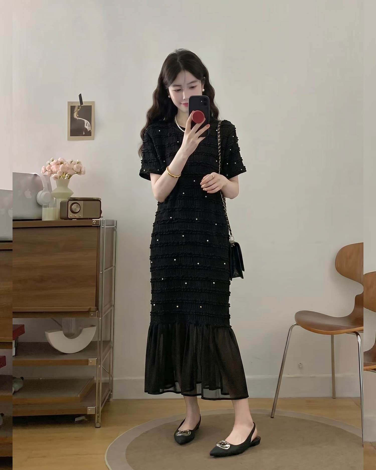 실사 빅 사이즈 여성 의류 2026 여름 새로운 고급 센스 프랑스식 비즈 박기 검정색 긍정적 인 어깨 지방 mm 슬림해 보이는 드레스 이미지 2