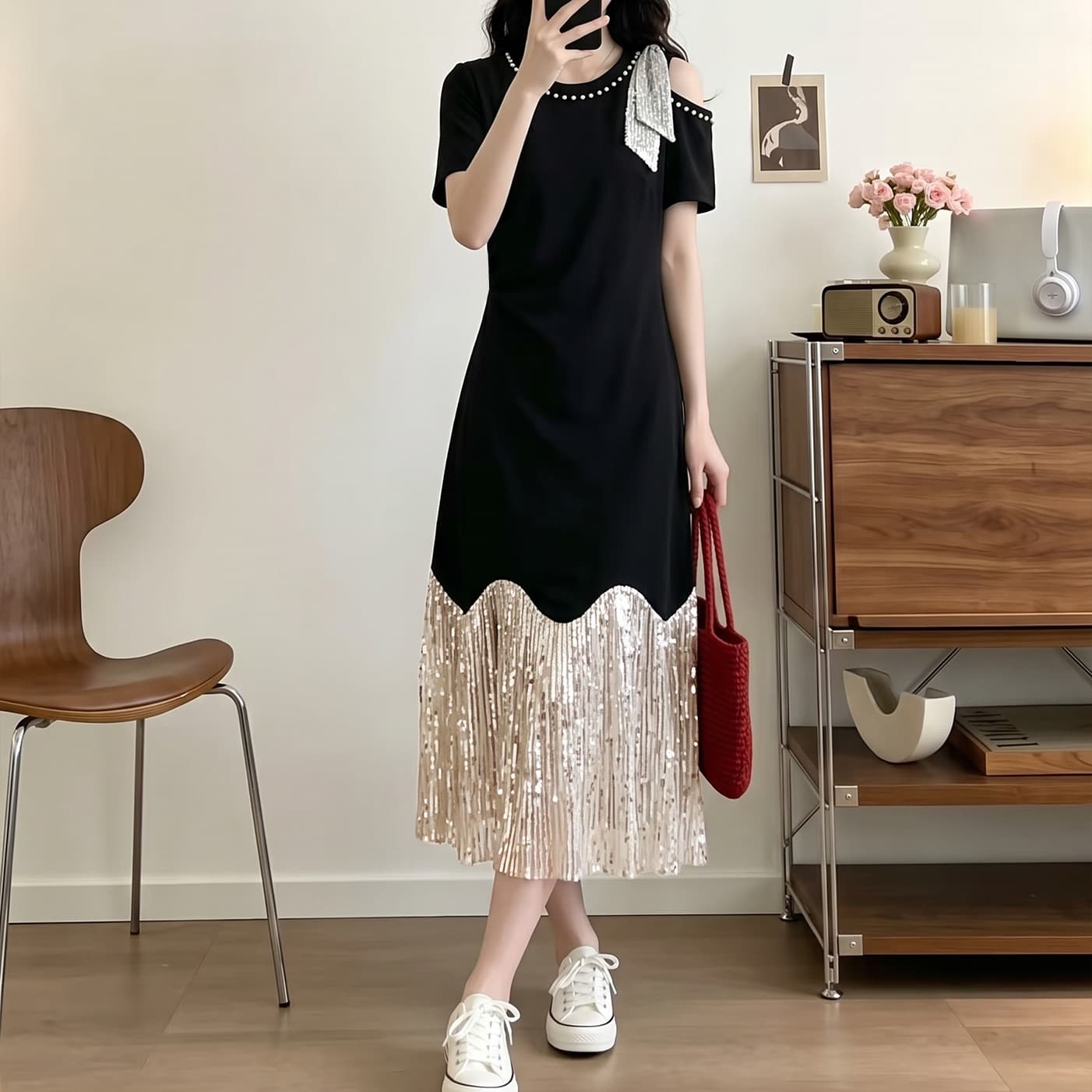 실사 빅 사이즈 여성 의류 2026 여름 새로운 프랑스식 그는 벤 바람 빛 럭셔리 미니멀리즘 품격 우아함 슬림해 보이는 드레스 이미지 5