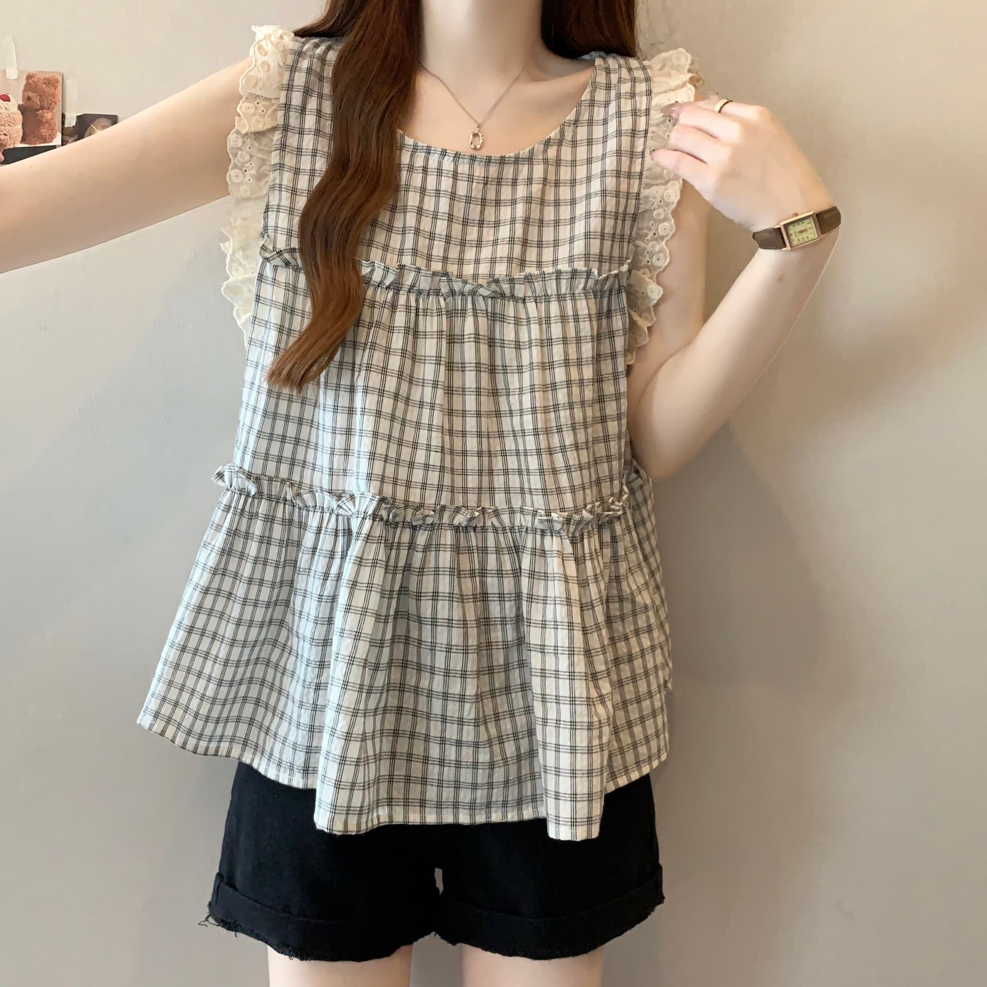 실사 빅 사이즈 마이크로 지방 한국 스타일 루즈핏 캐주얼 다용도 민소매 체크무늬 조끼 셔츠 Feifei 소매 맨위 이미지 4