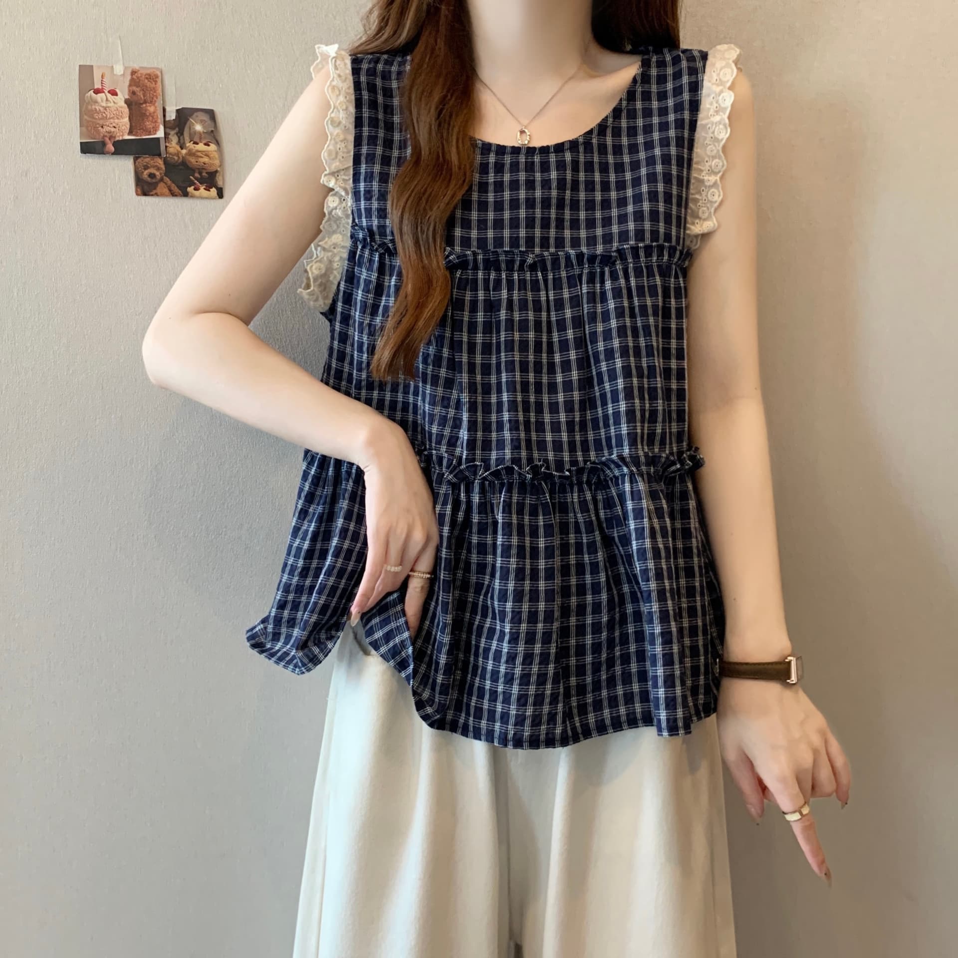 실사 빅 사이즈 마이크로 지방 한국 스타일 루즈핏 캐주얼 다용도 민소매 체크무늬 조끼 셔츠 Feifei 소매 맨위 상세 이미지 9