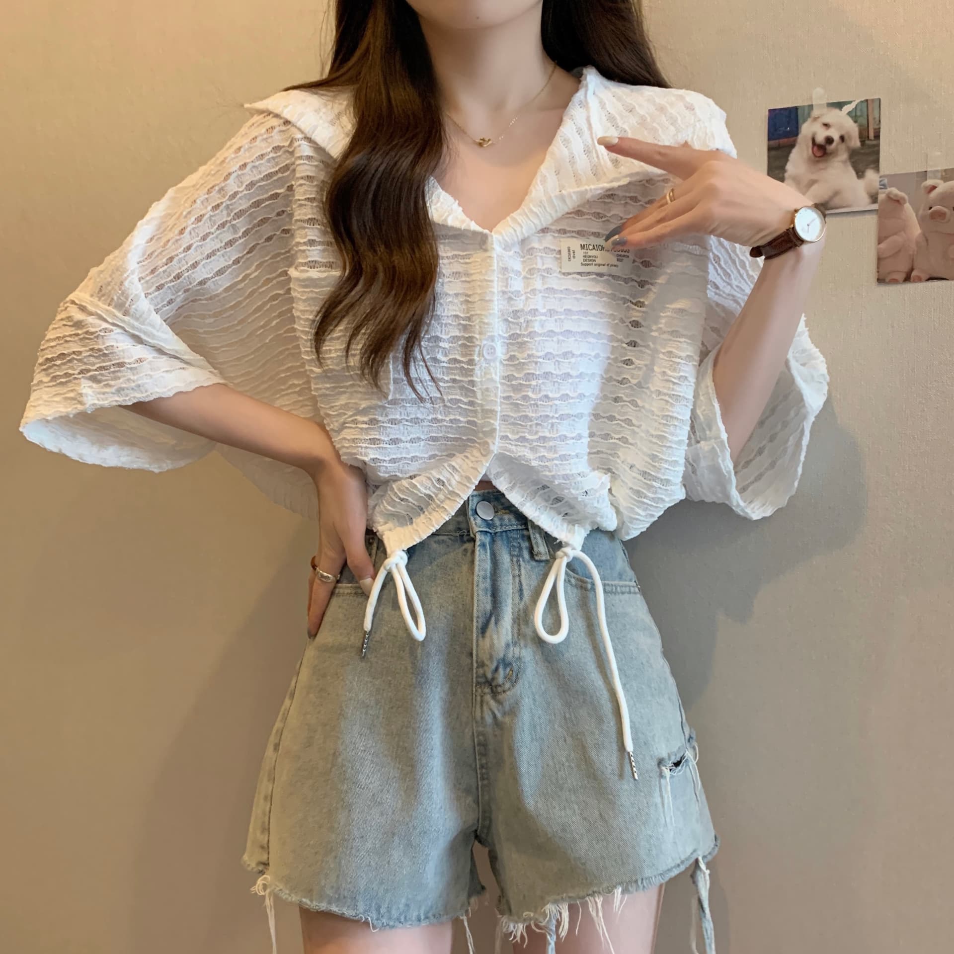 실사 빅 사이즈 여성 의류 루즈핏 캐주얼 펌프 로프 허리 단추 맨위 후드 쇼트 스타일 자외선 차단 외투 이미지 2