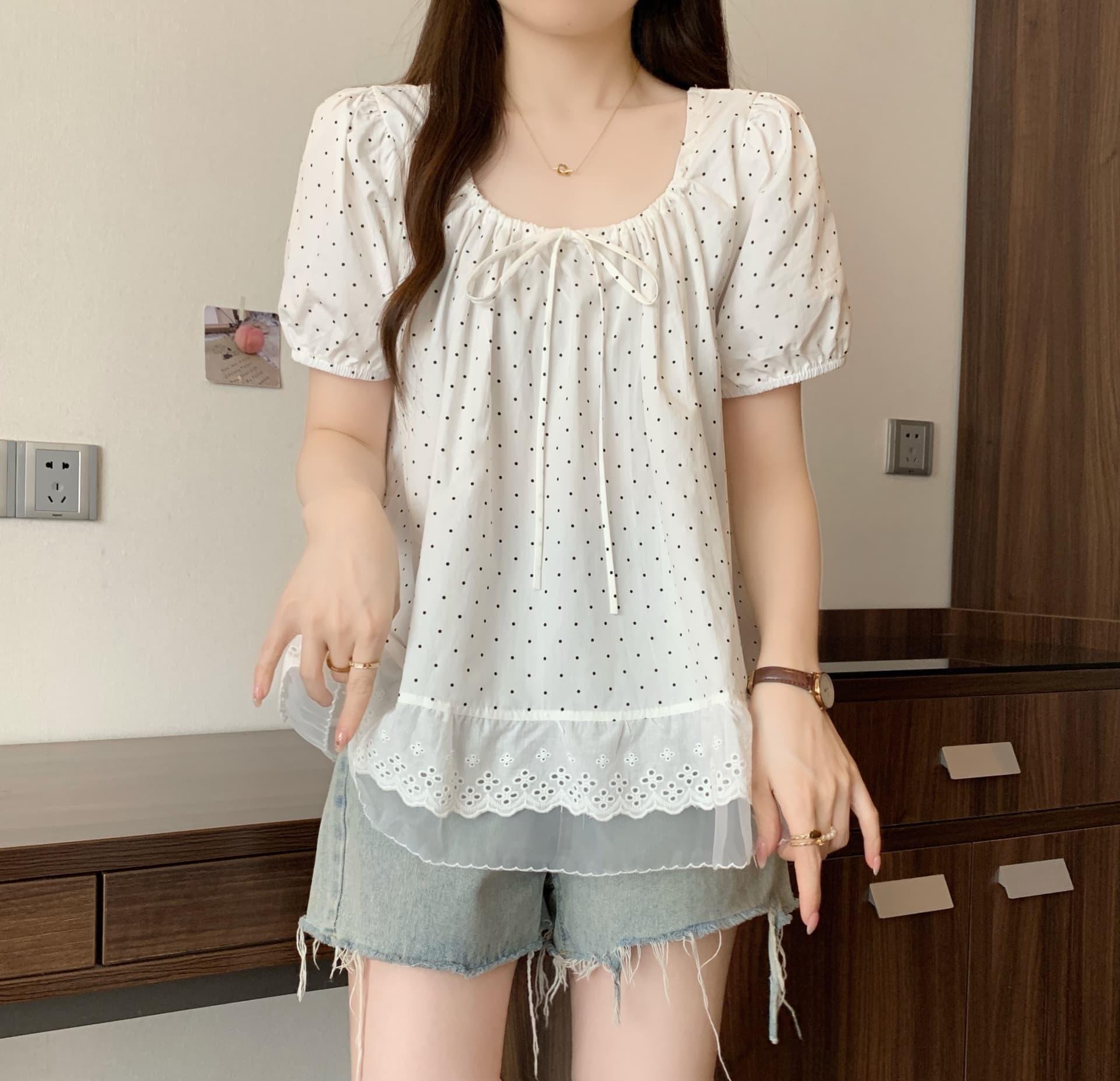 실사 2531 빅 사이즈 여성 의류 프랑스식 광장 칼라 거품 소매 셔츠 품격 달콤함 디자인 센스 도트 무늬 반팔 맨위 상세 이미지 17