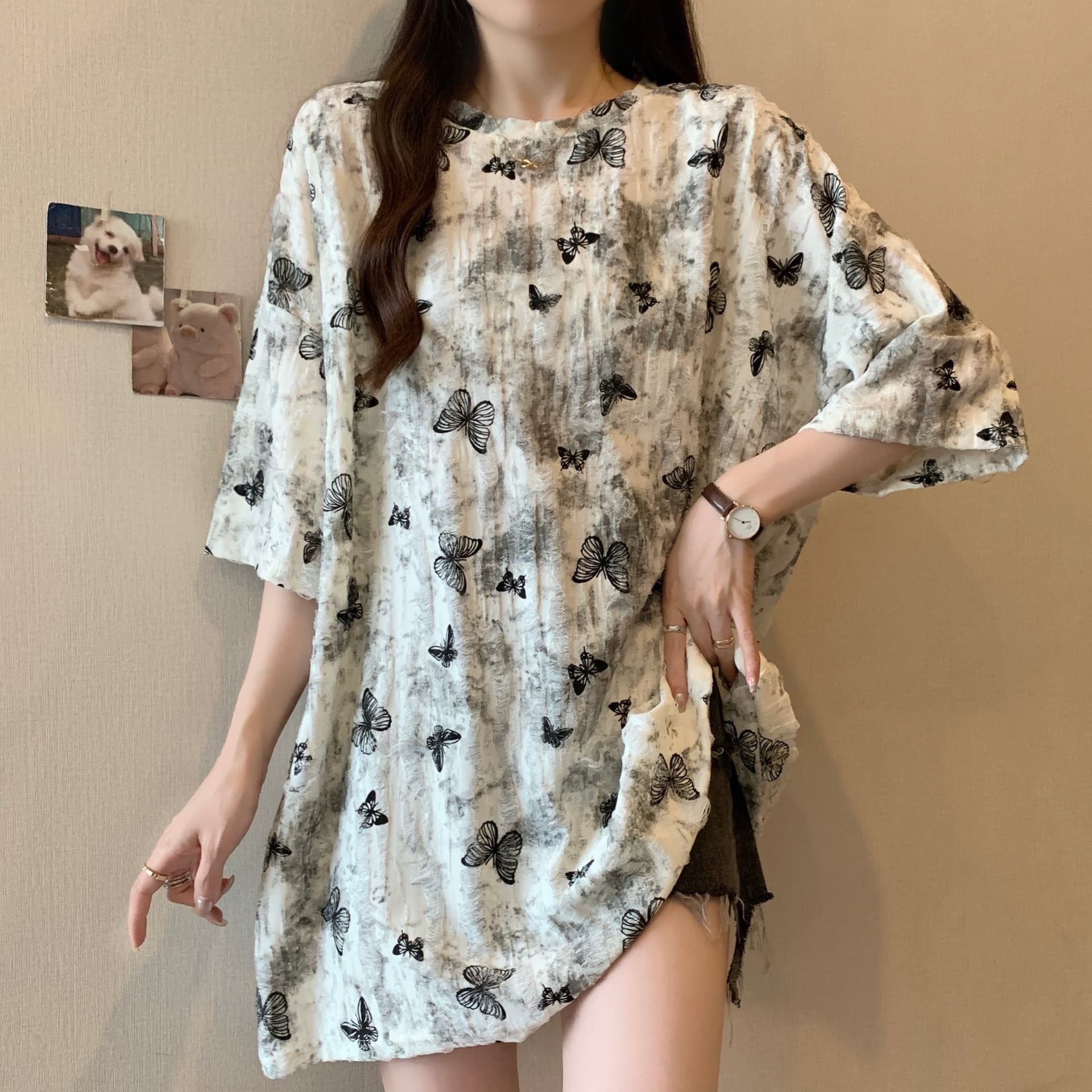 실사 2191# 빅 사이즈 지방 mm 루즈핏 슬림해 보이는 홀치기 염색 중간 길이 반팔 티셔츠 품격 미니멀리즘 다용도 맨위 상세 이미지 6