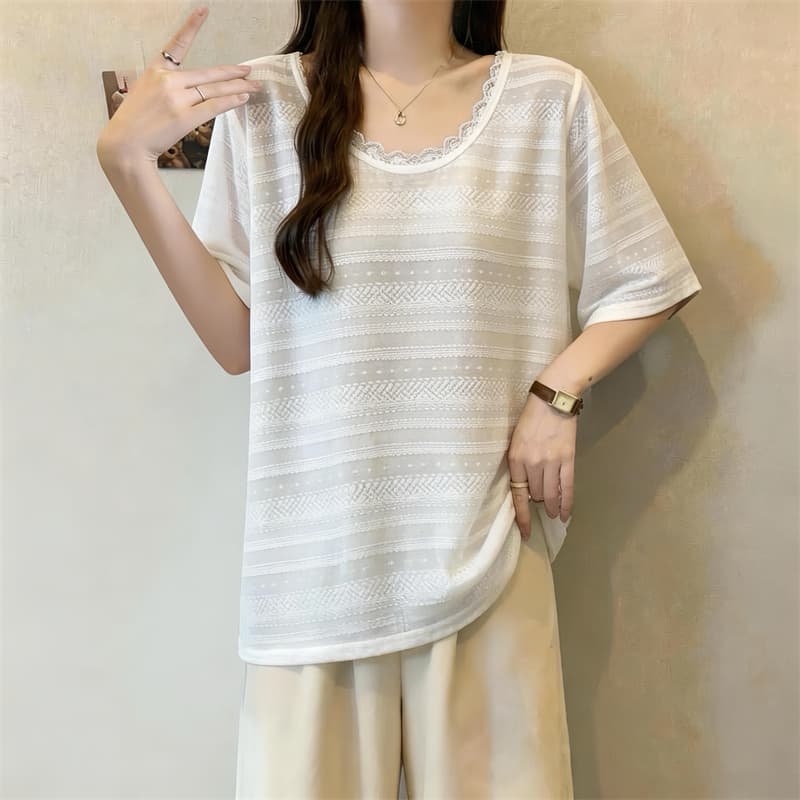 실사 2817# 빅 사이즈 마이크로 지방 mm 레이스 홀로우 아웃 질감 센스 느긋한 바람 반팔 티셔츠 슬림해 보이는 표지 배 맨위 상세 이미지 3