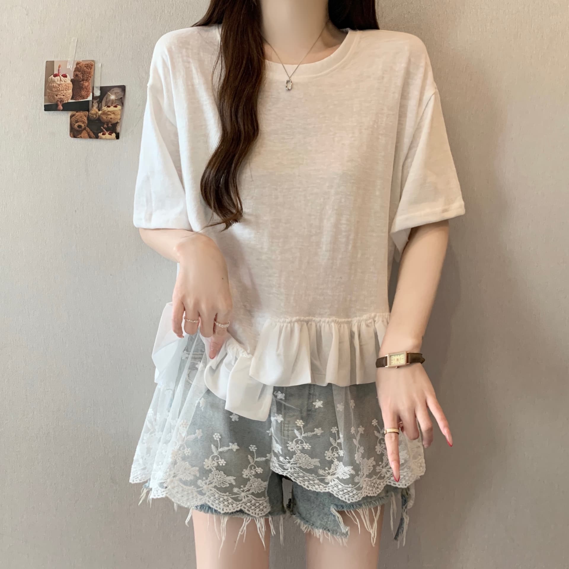 실사 2818# 빅 사이즈 마이크로 지방 캐주얼 작은 대중 화이트 패션 패치워크 레이스 레이스 티셔츠 루즈핏 외국 가스 맨위 이미지 2